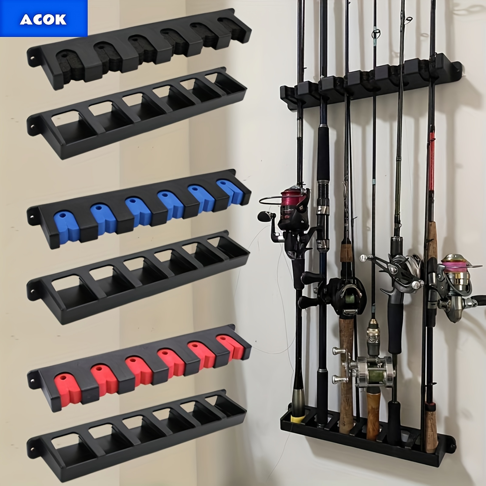 Wall-Mounted Fishing Rod Holder with High-Density Yard Firm Foam Grip, Black ABS Storage Rack for Garage & Sports Equipment - Durable Multi-Compartment Organizer for Fishing Poles, Stylish & Functional Design, Fishing Accessories