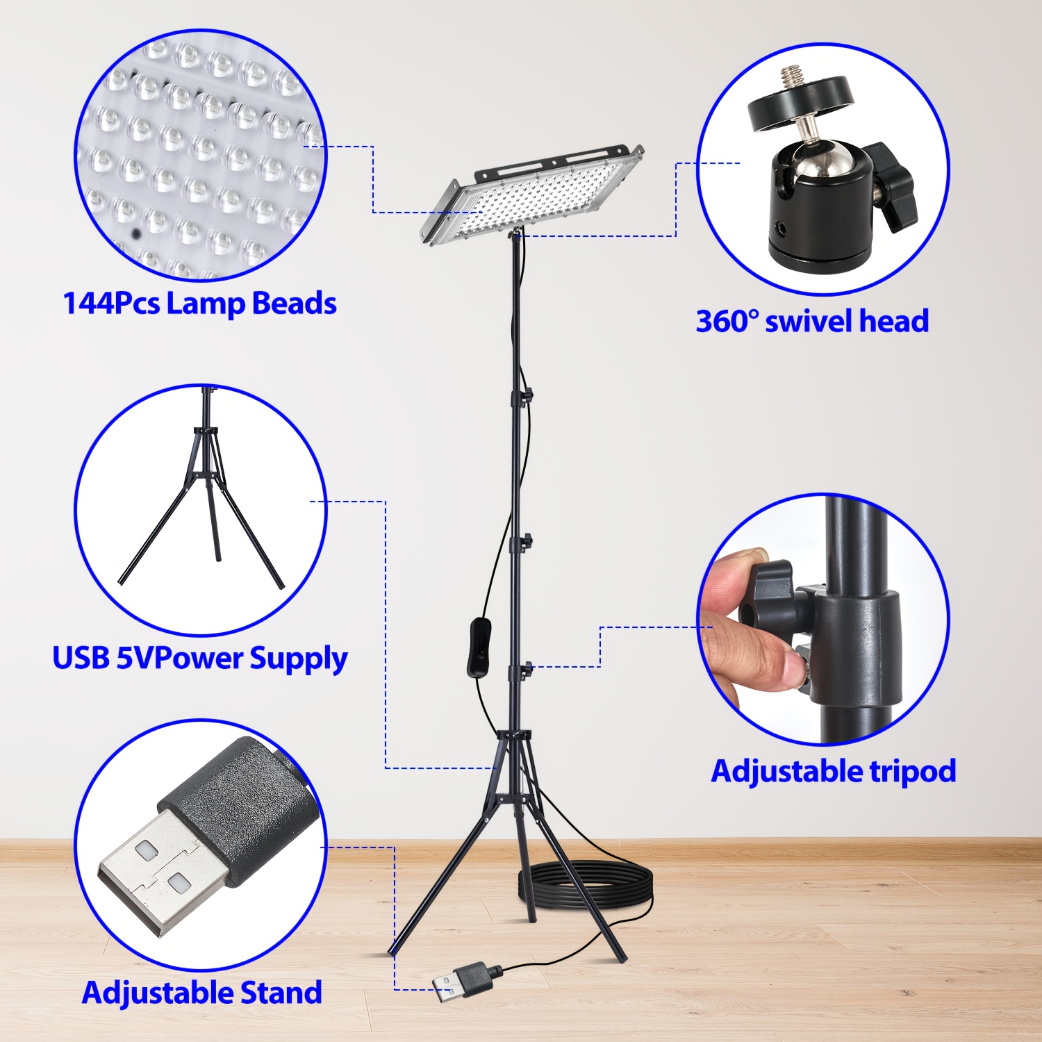 144/96/50LEDs USB-Powered Work Light with Foldable Tripod Stand, 6000K Brightness, 59.06inch/78.74inch Cord & Low Voltage (36V) - Portable Commercial Floodlight for Workshop, Garage, Job Site Indoor Use, Task Lighting, Compact Lighting, Durable Construction, Bright Illumination, DIY Enthusiasts