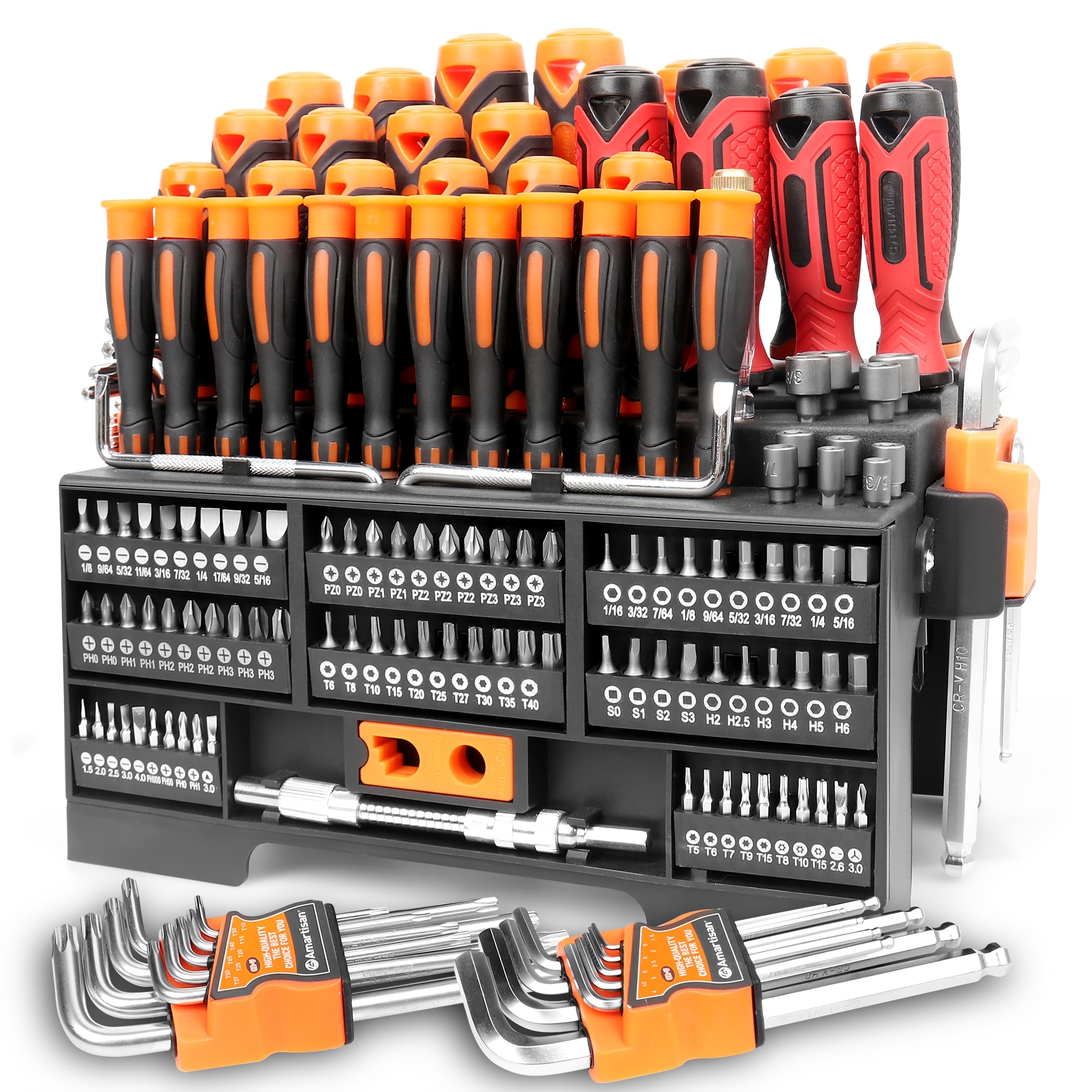 146pcs Yard Firm Screwdriver Set - Chrome Vanadium Steel, Multi-Color (Black/Red/Blue) with Ergonomic Handles & 3, 58"+1, 57" Screwdriver Bits - Heavy-Duty Workshop & DIY Tool Set for Electrical, Mechanical, Furniture, Electronics, Furniture Repair, Robust Design, Durable Construction