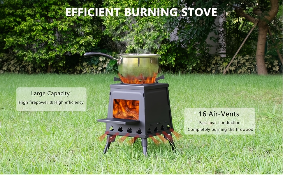 Essential Portable Campfire Stove - Heavy-Duty Outdoor Fire Stove with Vent and Sturdy Legs, Suitable for Camping, Hiking, Picnics, and BBQ - Compatible with Firewood/Charcoal, Wood Camp Stove