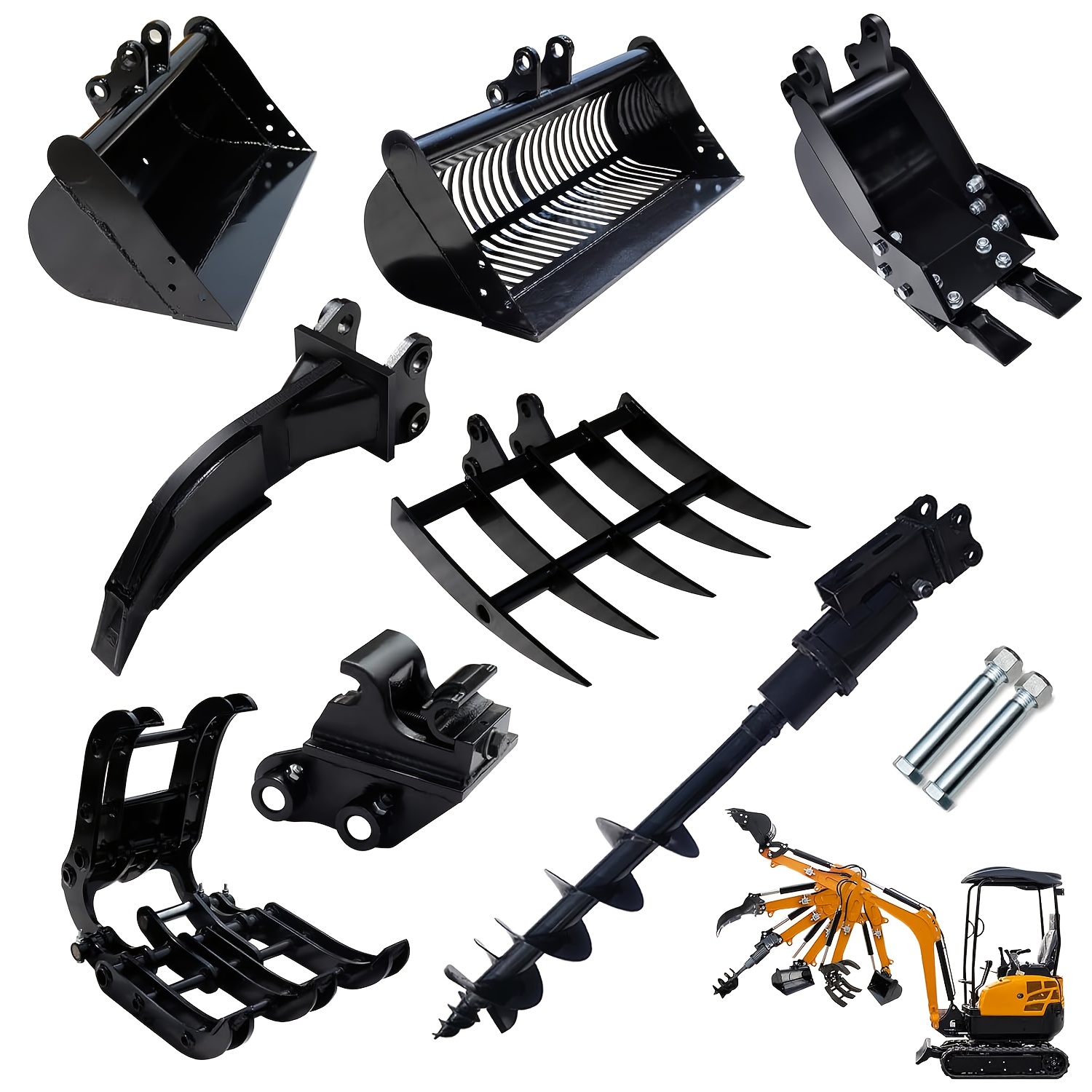 Mini Excavator Attachments 8pcs with Narrow Bucket, Ripper, Rake, Auger, Grapple, Quick Hitch, Screening Bucket for Small Digger, Mini Excavator Accessories Kit USA Yard Firm Stock