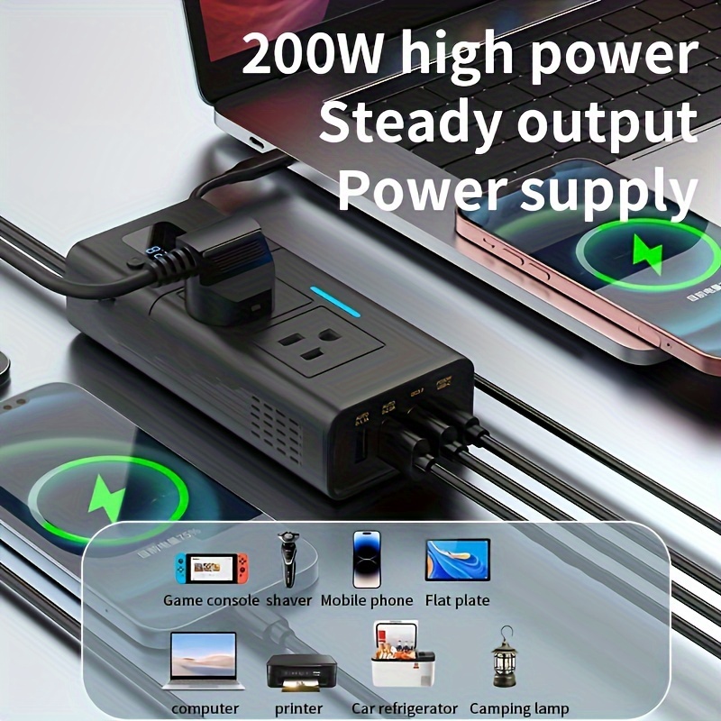 1pc 200W Car Power Inverter/Plug Adapter Outlet Charger DC 12V To 110V Inverter With 1.2A&2.4A USB, 1 QC3.0 USB And 1 Type C Ports