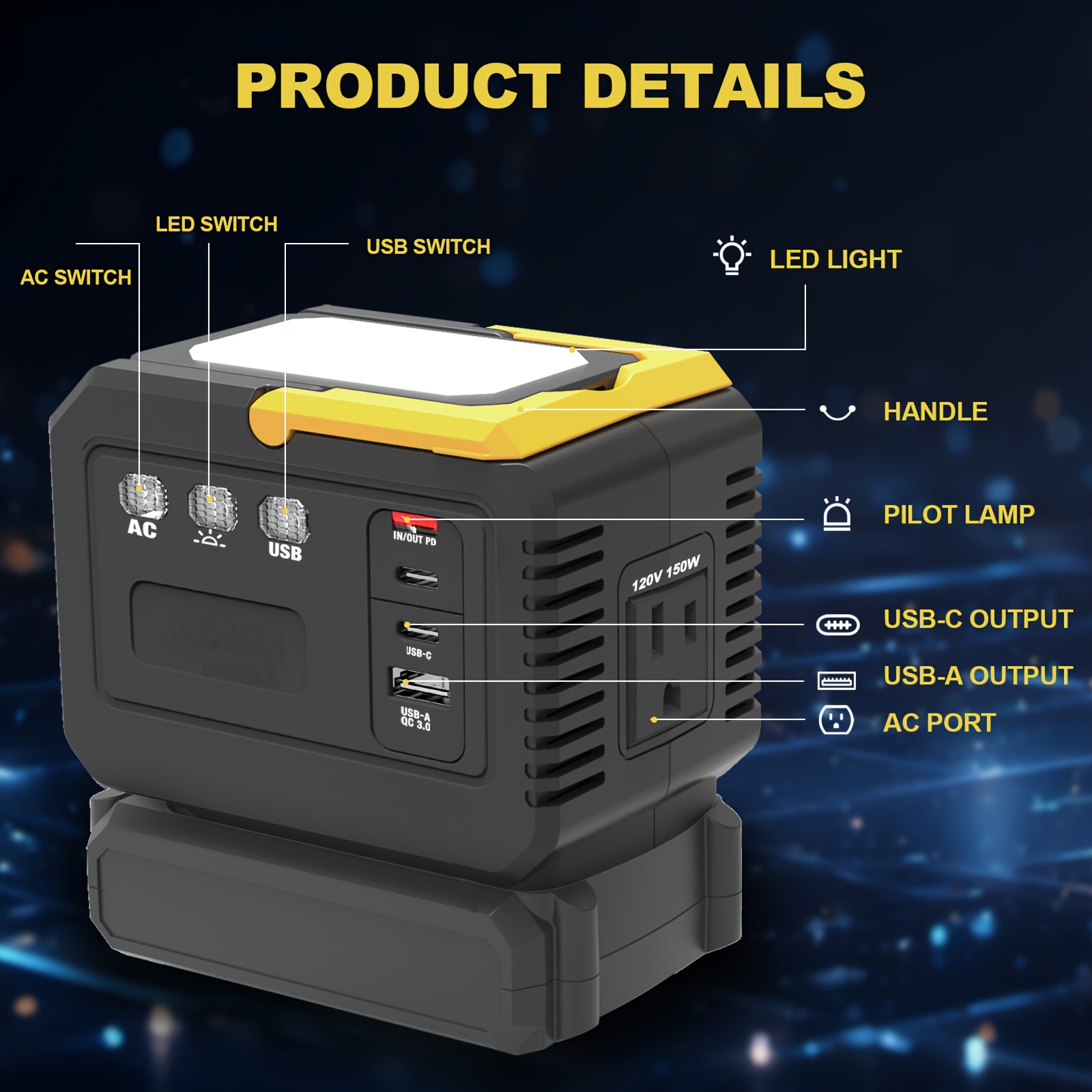 for Dewalt-Compatible 20V DC to AC Power Inverter & Portable Power Station Generator - Battery-Powered with 1 USB, 2 Type-C & AC Outlets, Compact & Lightweight for Outdoor, Camping, RV, Home Backup - for Dewalt Batteries (Battery Not Included)