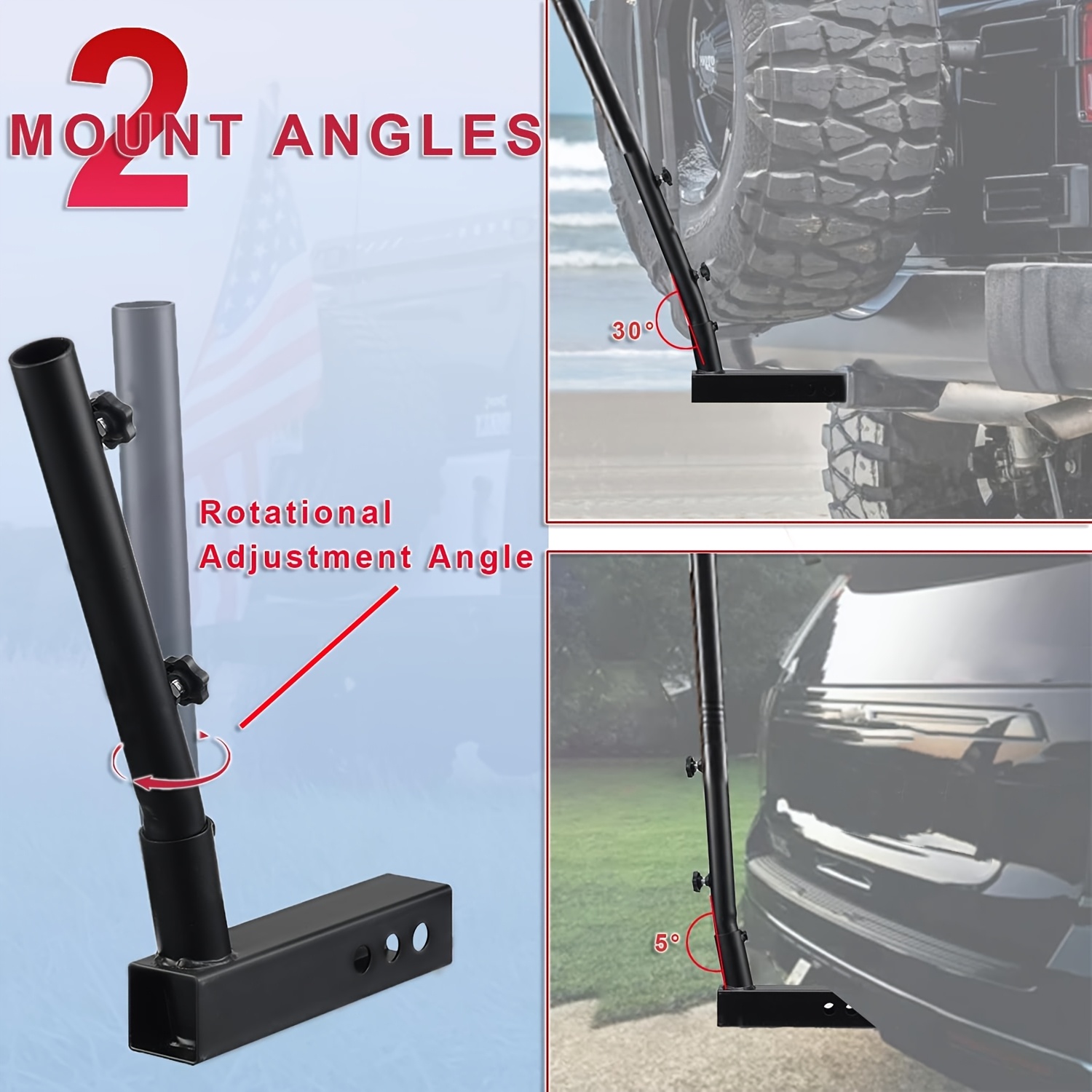 Truck Flag Pole Kit with Trailer Hitch Holder - 5/6ft Heavy Duty Tangle Free Flagpole for Trucks, Dual Angle Mount, Windproof Long Sleeve for Tow Truck, Pickup Car - Image 2