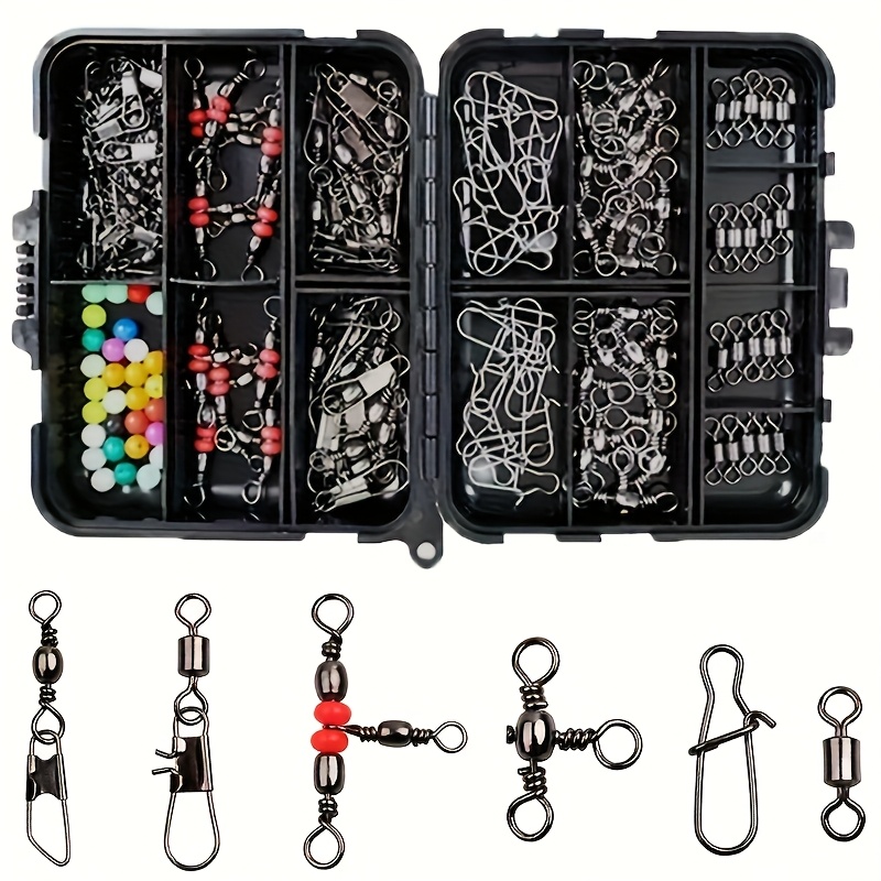 140pcs JSFUN Fishing Tackle Kit - Stainless Steel Swivels & Snaps with Floats, Assorted Shapes, Durable Black Box for Anglers, Includes 2 Swivels, 2 Floats, 2 Snaps, and 2 Hooks, Fishing Gear Essentials|Compact Storage Box|Durable Construction, Fishing Tackle Box