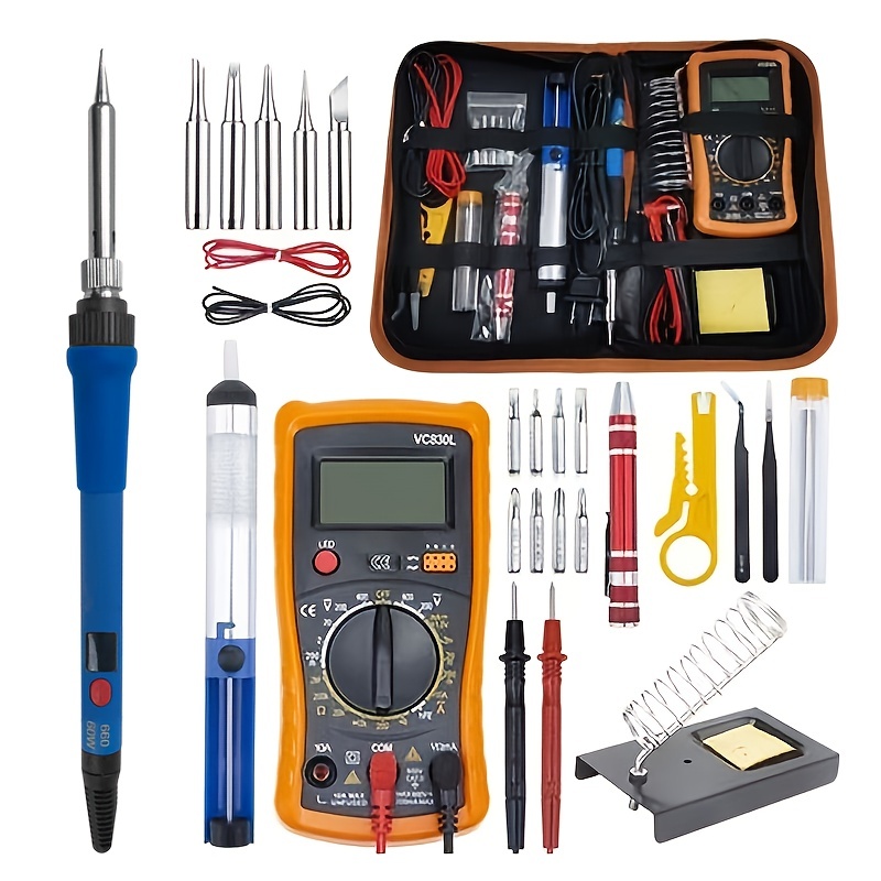 16/19pcs Yard Firm Digital Display Multimeter Soldering Iron Set with Temperature-Regulating Precision Circuit Repair Tool - DIY Hand-Soldering Kit, 110V Plug Powered, Ceramic Heating Element, Pencil Style, US Plug, Includes Soldering Iron, Soldering Wires, Adjustable Heat Shrink Tube, Constant Temperature Soldering Irons for DIY Projects, Soldering Accessories, Soldering Station, Soldering Iron, Soldering Iron Kit, Soldering Gun Kit