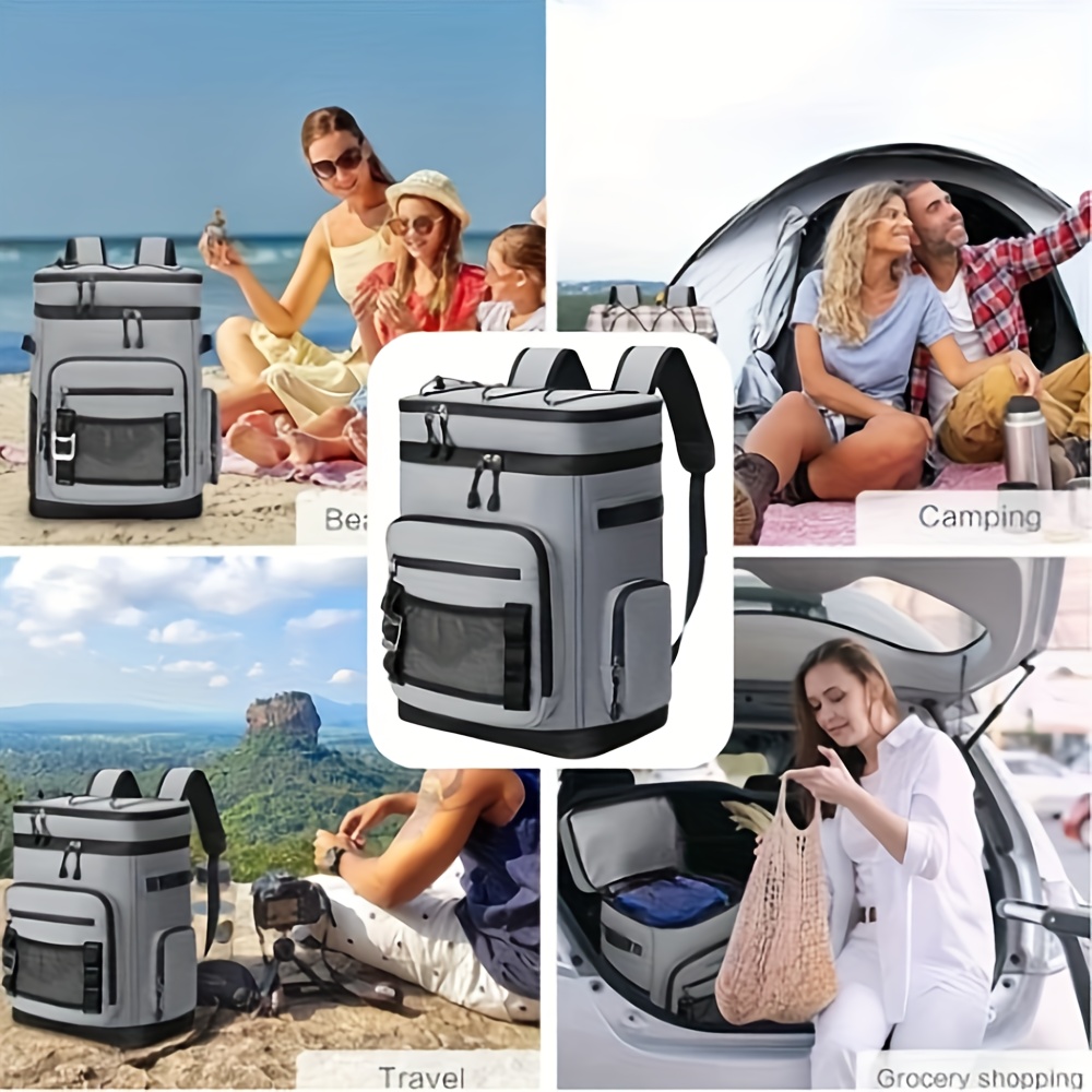 1pc 7.93gal Large Capacity Multi-Compartment Insulated Backpack - Not for direct food contact. Portable camping, hiking, beach cooler bag - Unisex durable black outdoor travel backpack with side pocket storage.