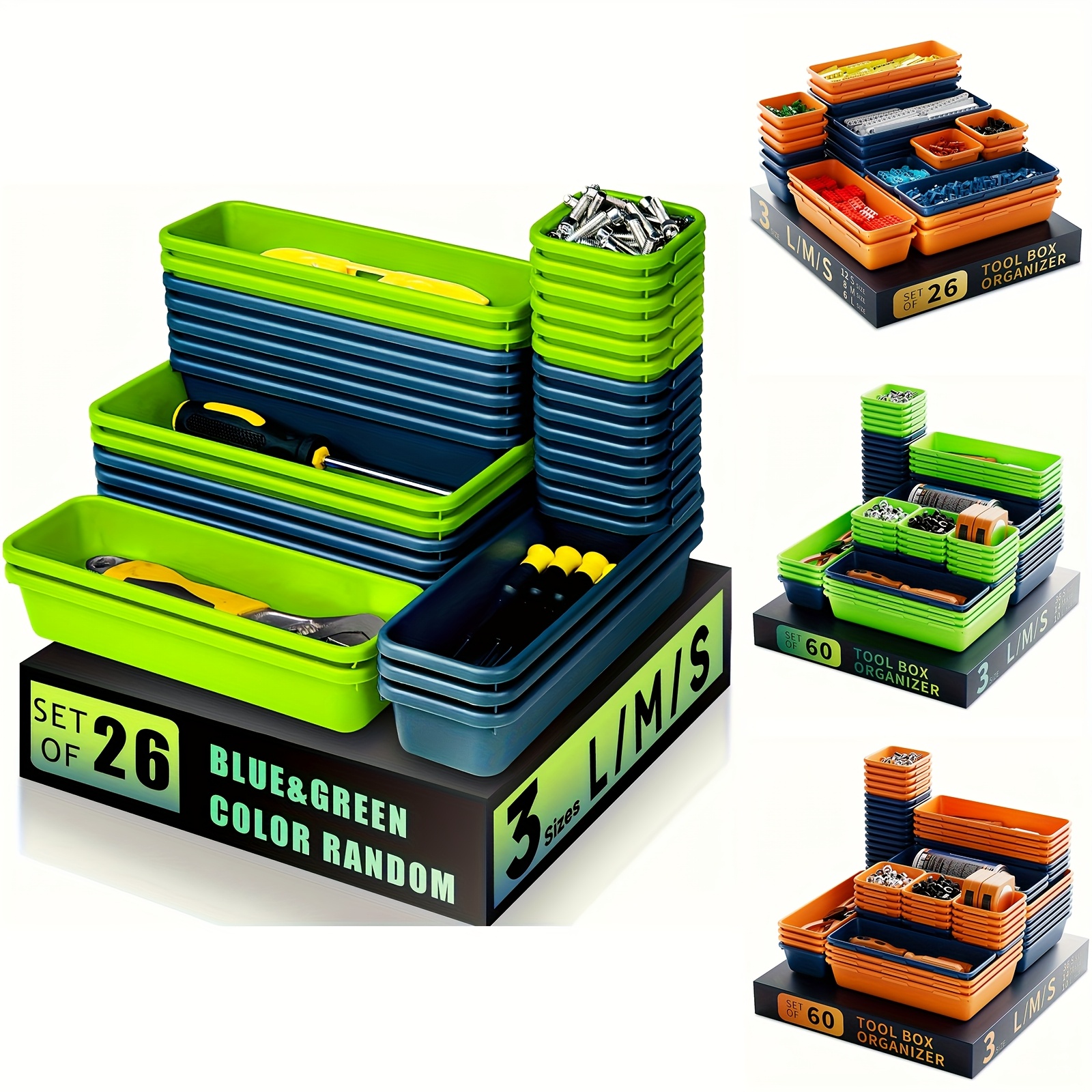 26/60pcs/Set Plastic Tool Drawer Organizer Trays with 26/60 Compartments, Stackable Storage for Tools & Parts, Versatile Black Design