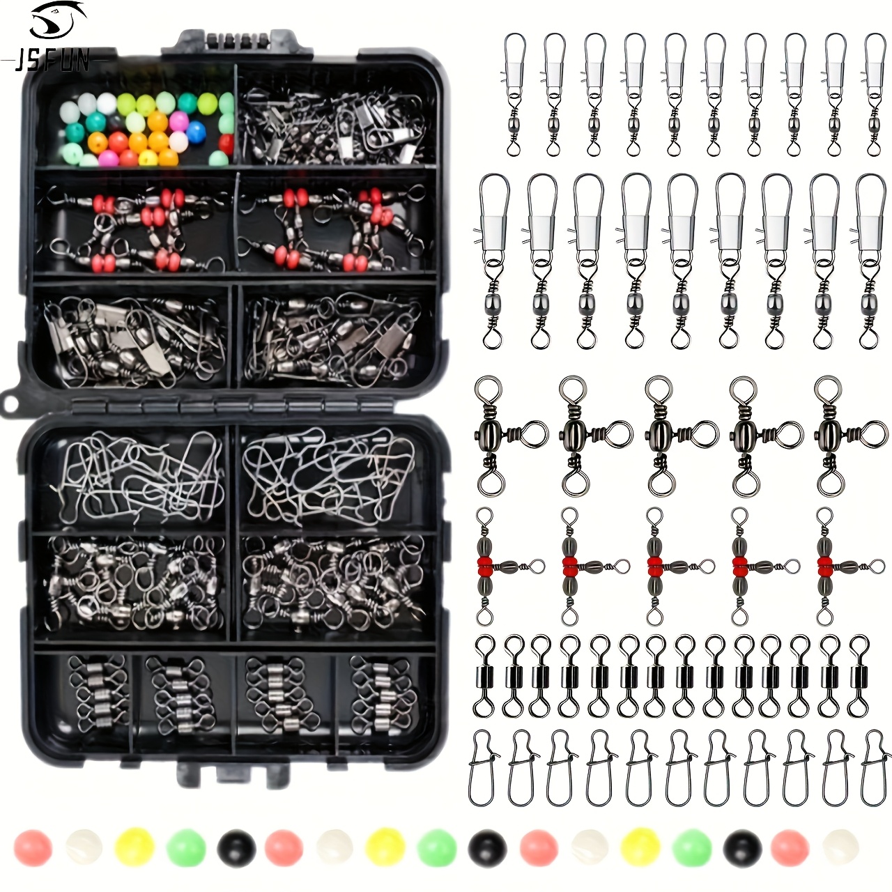 140pcs JSFUN Fishing Tackle Kit - Stainless Steel Swivels & Snaps with Floats, Assorted Shapes, Durable Black Box for Anglers, Includes 2 Swivels, 2 Floats, 2 Snaps, and 2 Hooks, Fishing Gear Essentials|Compact Storage Box|Durable Construction, Fishing Tackle Box