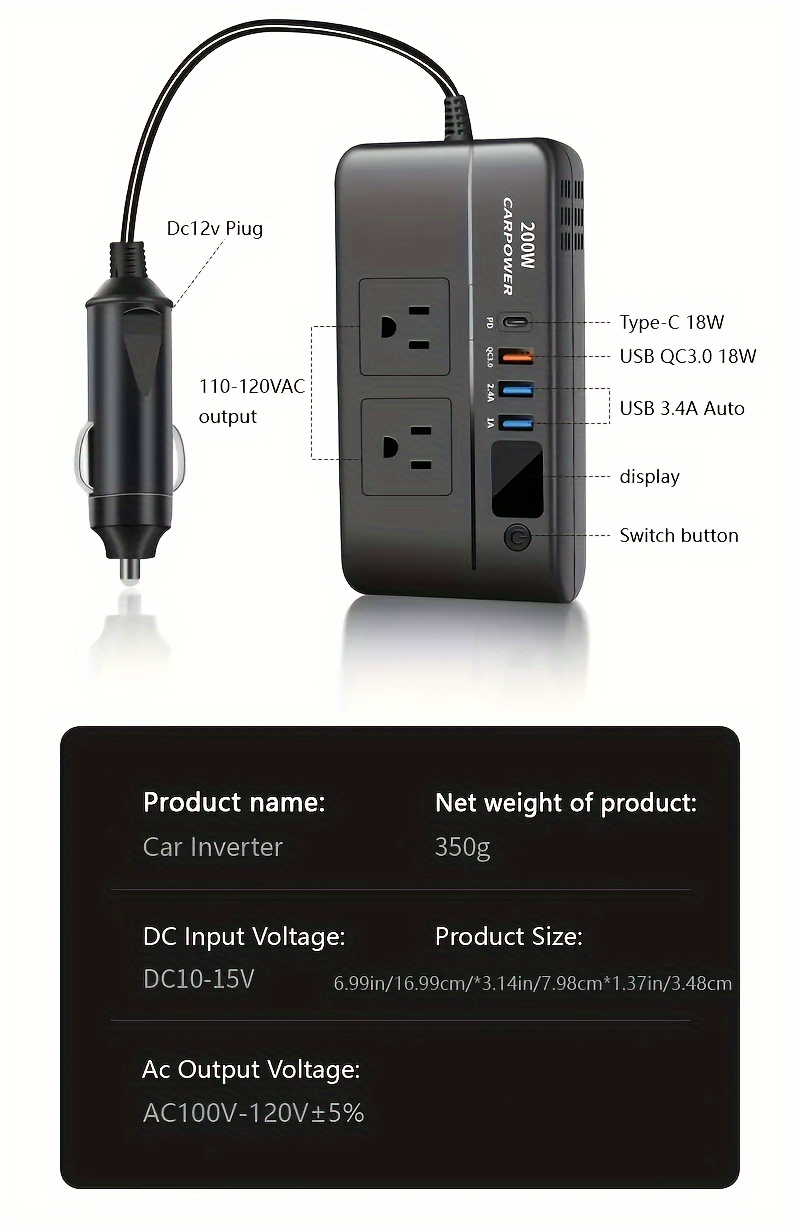 1pc 200W Car Inverter DC 12V To 110V AC Power Inverters For Vehicles With PD 20W USB-C, Dual USB Ports And QC3. 0 Fast Charging Ports Car Charger Adapter And With Cigarette Lighter Hole