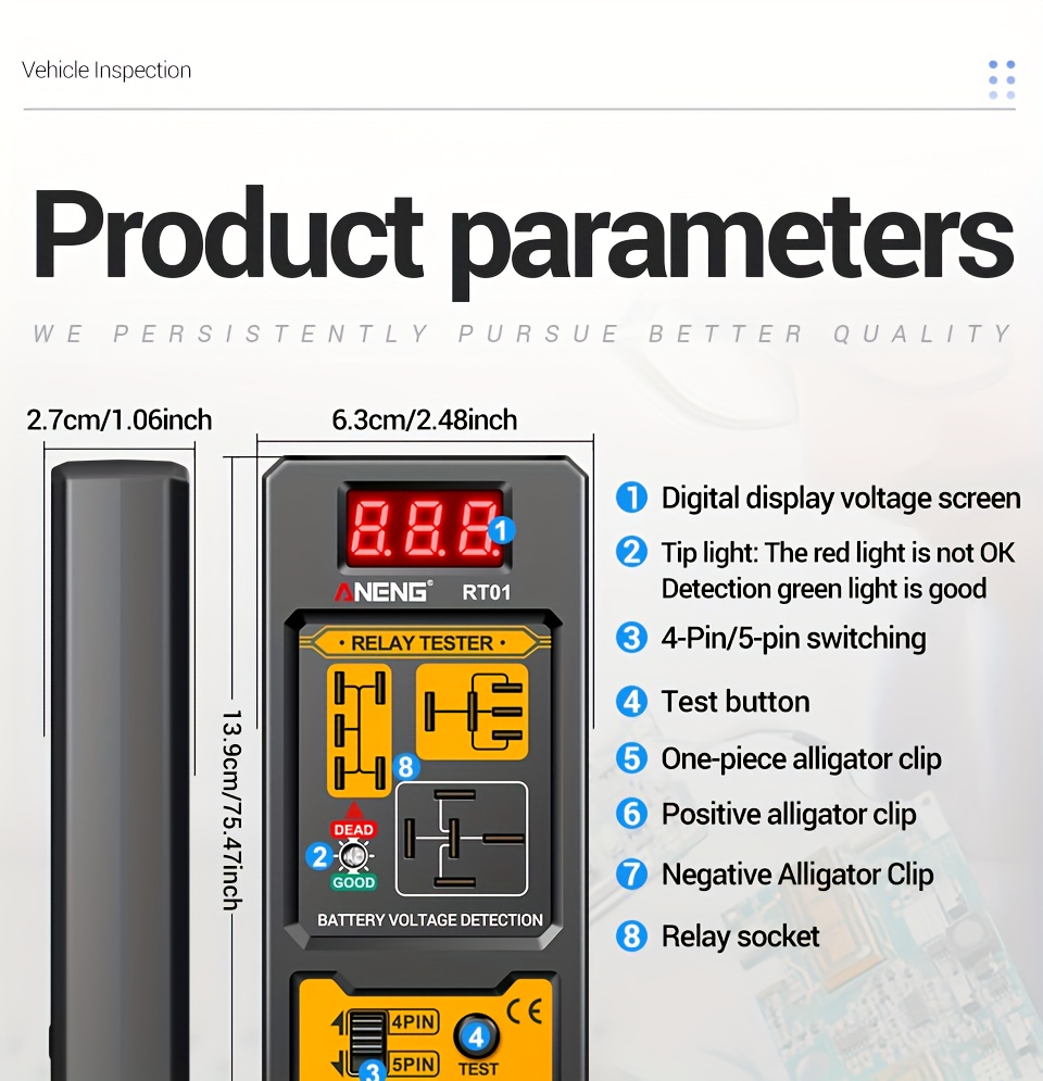 ANENG Automotive relay tester RT01 voltage detector digital display voltage battery 4/ 5-pin relay  12V-24V automotive battery inspection integrated design diagnostic tools No battery, Electrical Testing Tool, Easytouse Tool, Handheld Device, Durable Construction, Precision Instrument, Repair Professionals, Diy Enthusiasts