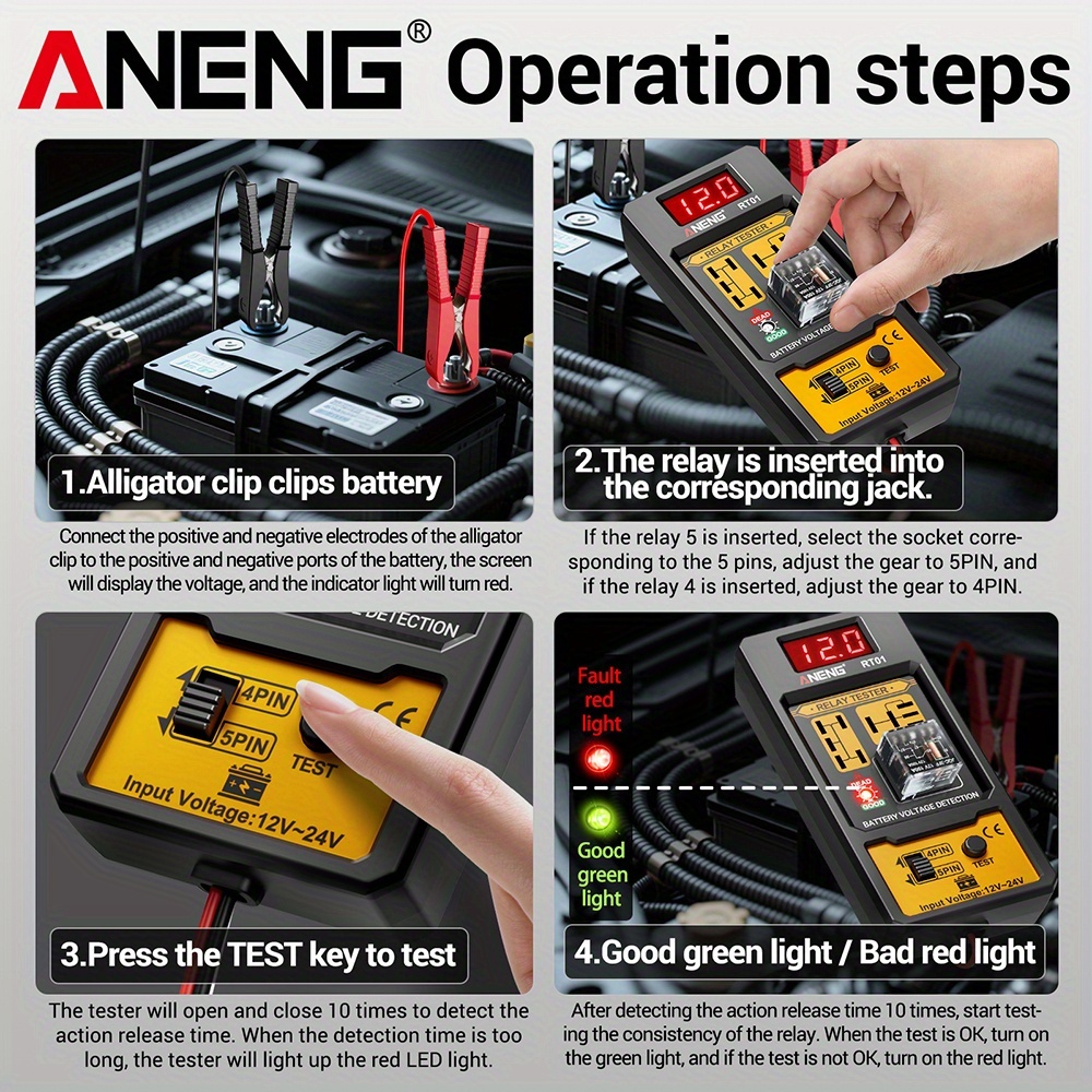 ANENG Automotive relay tester RT01 voltage detector digital display voltage battery 4/ 5-pin relay 12V-24V automotive battery inspection integrated design diagnostic tools No battery, Electrical Testing Tool, Easytouse Tool, Handheld Device, Durable Construction, Precision Instrument, Repair Professionals, Diy Enthusiasts - Image 9