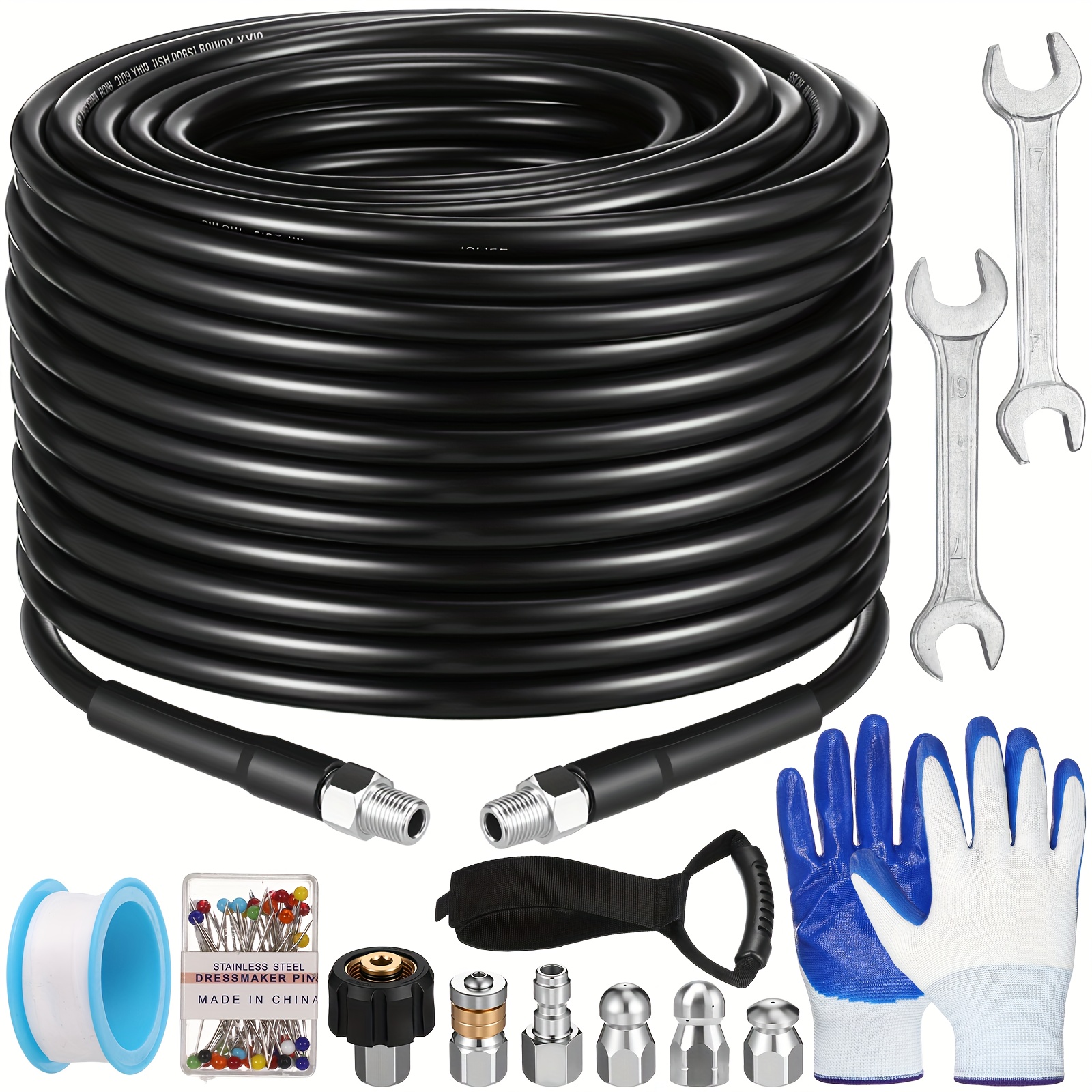 100ft Yard Firm Sewer Jetter Kit for Pressure Washer 5800psi Drain Cleaner Hose 1/4 Inch Npt Corner Rotating And Button Nose Sewer Jetting Nozzle Pearl Corsage Pin Waterproof Tape Glove Strap Spanner, Sewer Line Maintenance, Drain Cleaning Solution, Jet Nozzles Kit, Pressure Washer Accessory, Compact Jet Nozzles, Ergonomic Jetter Grip, Durable Plastic Construction, Waterproof Components