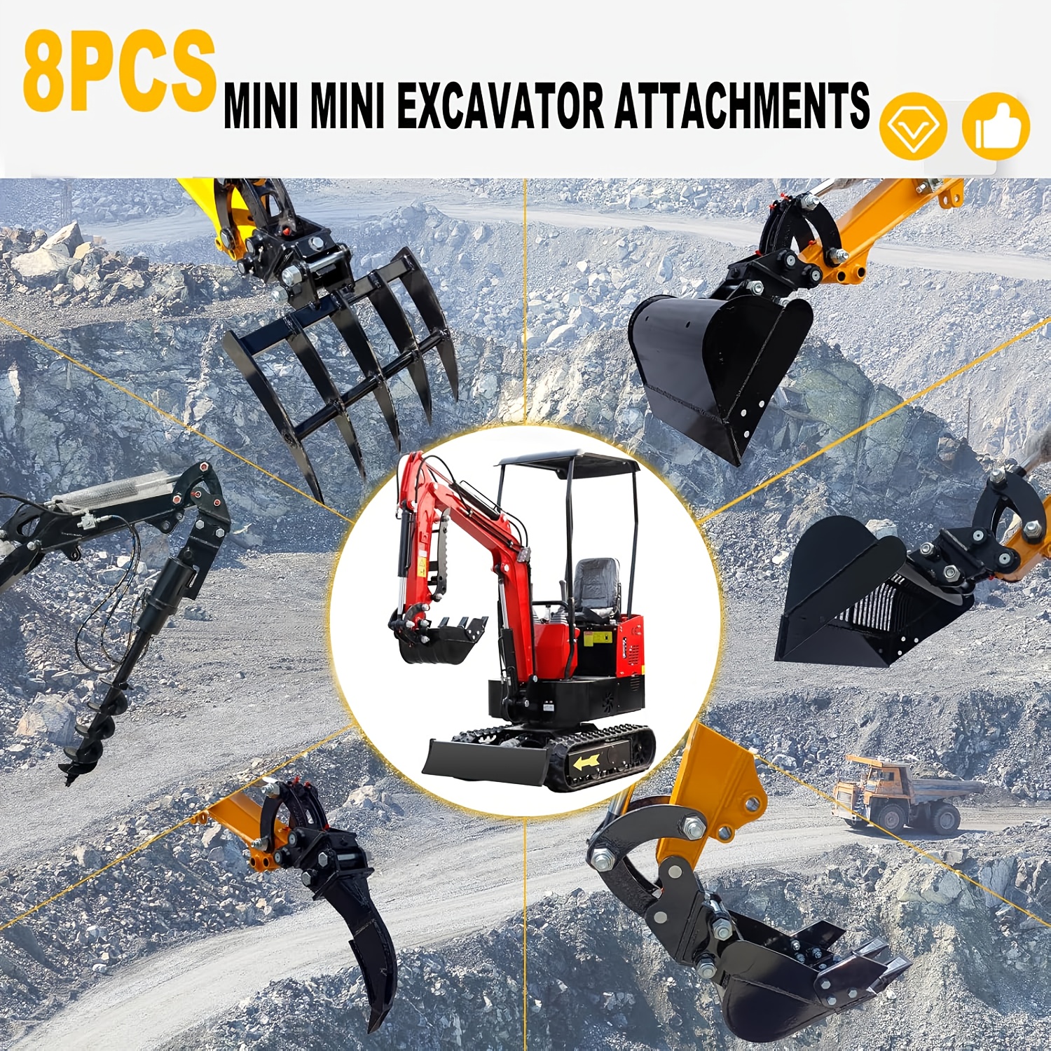 Mini Excavator Attachments 8pcs with Narrow Bucket, Ripper, Rake, Auger, Grapple, Quick Hitch, Screening Bucket for Small Digger, Mini Excavator Accessories Kit USA Yard Firm Stock - Image 6