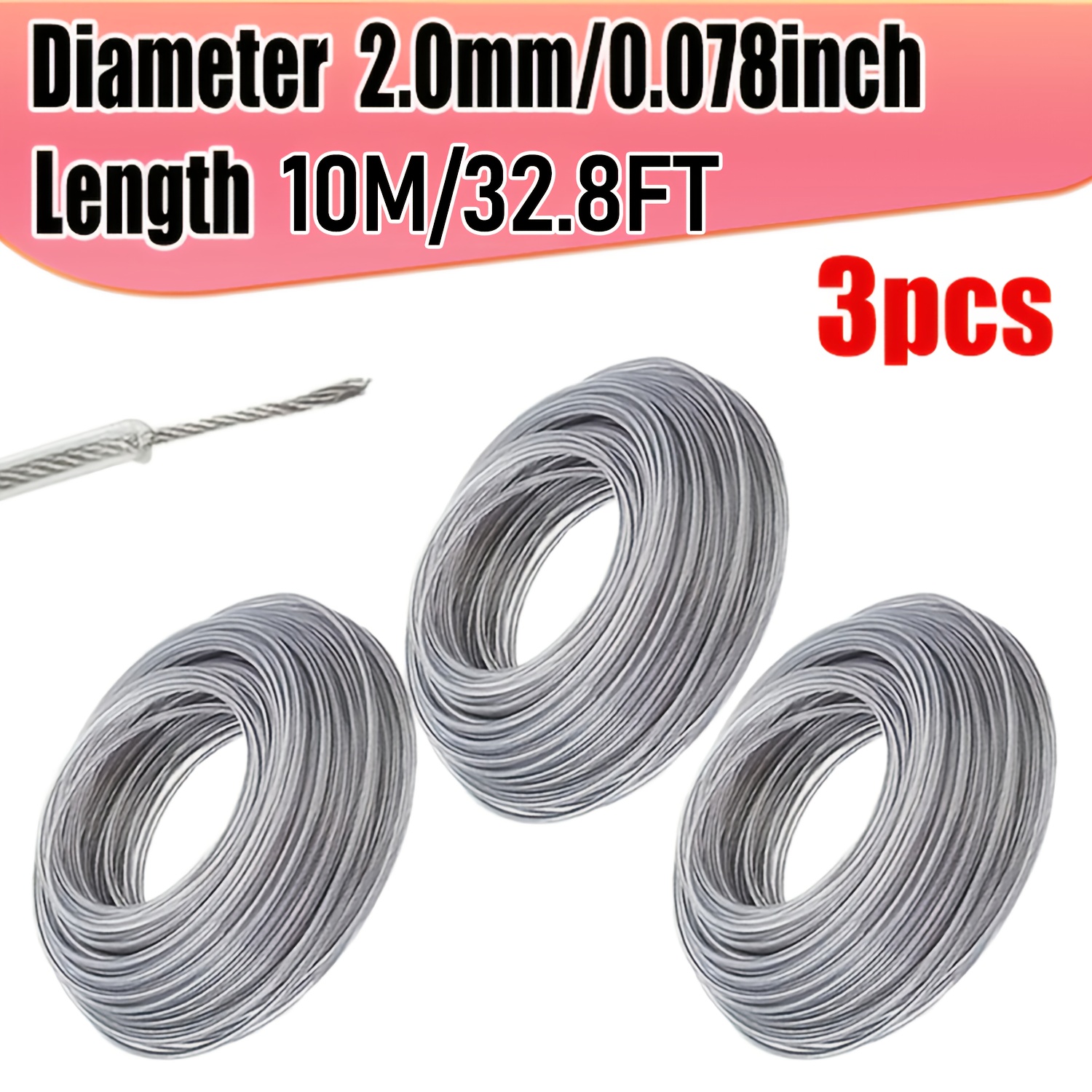 3pcs Steel Wire Core Nylon Trimmer Line, 5/10m (16.40/32.8ft) - 2.0/2.7/3.5mm Diameter, Durable Lawn Mower Cord Replacement for Brushcutter, High-Efficiency Grass Cutter String, Metal Material, Lawn Mower Accessories | Durable Lawn Cord | Metallic Finish