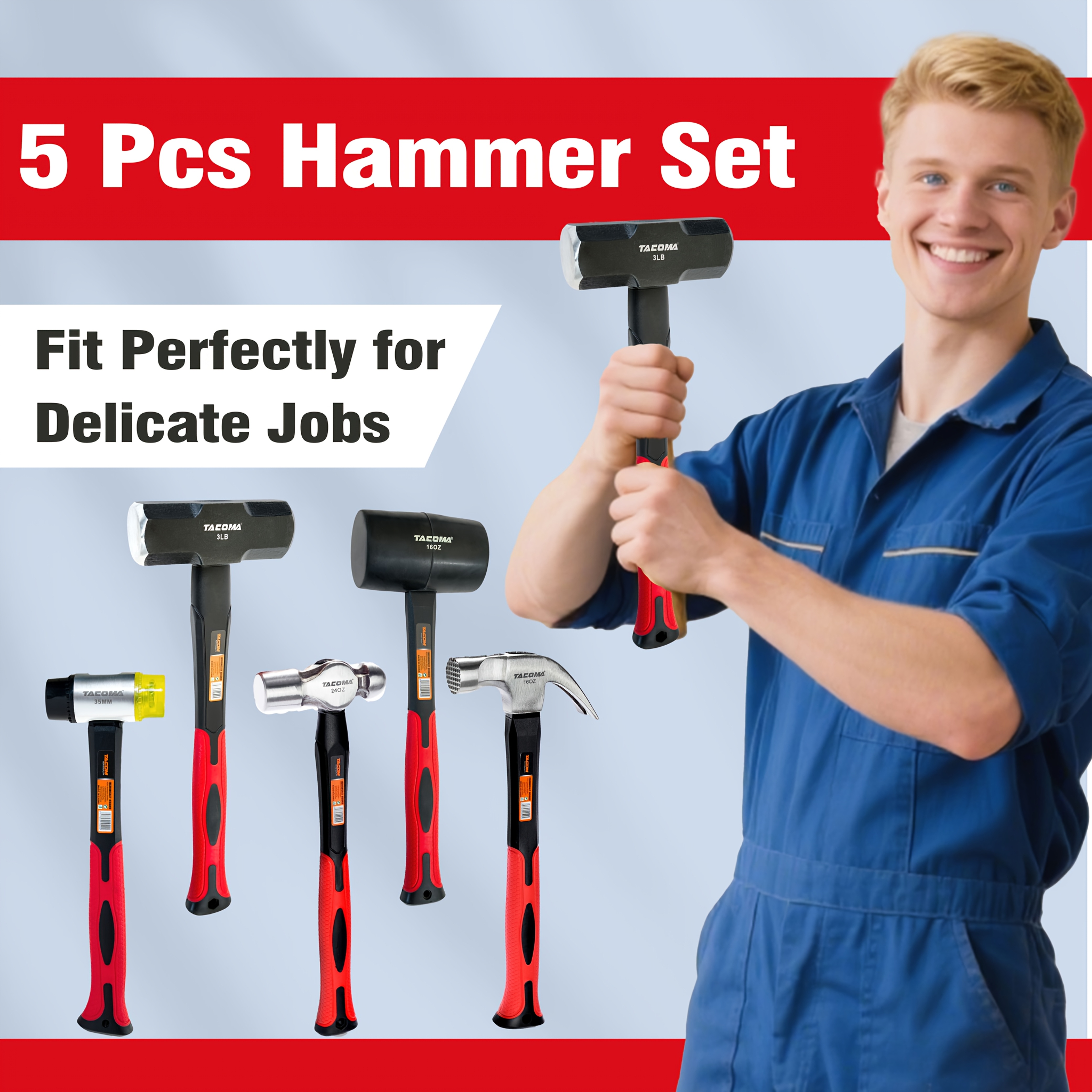 5pcs Hammer Set, Yard Firm Forged/Polished Steel Head, Fiberglass Handle Set - 16oz Rubber Mallet/16oz Claw Hammer/24oz Ball Peen Hammer/3LB Sledge Hammer/35mm Installation Hammer for Industrial, Home Improvement, Floor Installation, Outdoor, Crushing, DIY