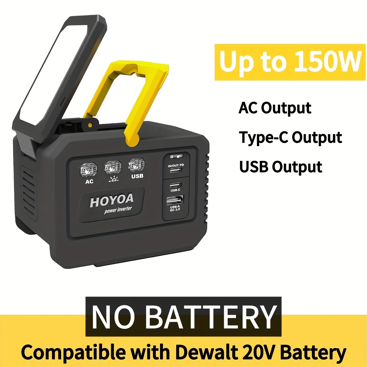for Dewalt-Compatible 20V DC to AC Power Inverter & Portable Power Station Generator - Yard Firm Battery-Powered with 1 USB, 2 Type-C & AC Outlets, Compact & Lightweight for Outdoor, Camping, RV, Home Backup - for Dewalt Batteries (Battery Not Included)