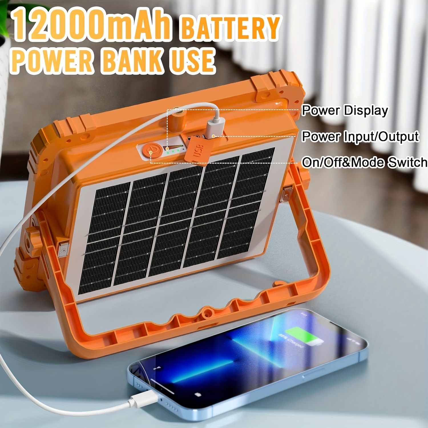 12000mAh Solar-Powered LED Work Light with 466 LED 10000LM Bright Light, 5-in-1 Yard Firm Power Bank, /DC//Off & Mode Switch, Over-Voltage/Over-Heat/Over-Current/Over-Temp, Portable Outdoor Lighting for Camping, Emergency, Construction, Workshop - Heavy-Duty Commercial/Residential Use, Orange & Black, -C Fast Charging, Solar Charging System Included, Solar Charger With Power Bank And Cor, Solar Light, Solar Sensor Light, Solar Panel Light, Solar Wall Light