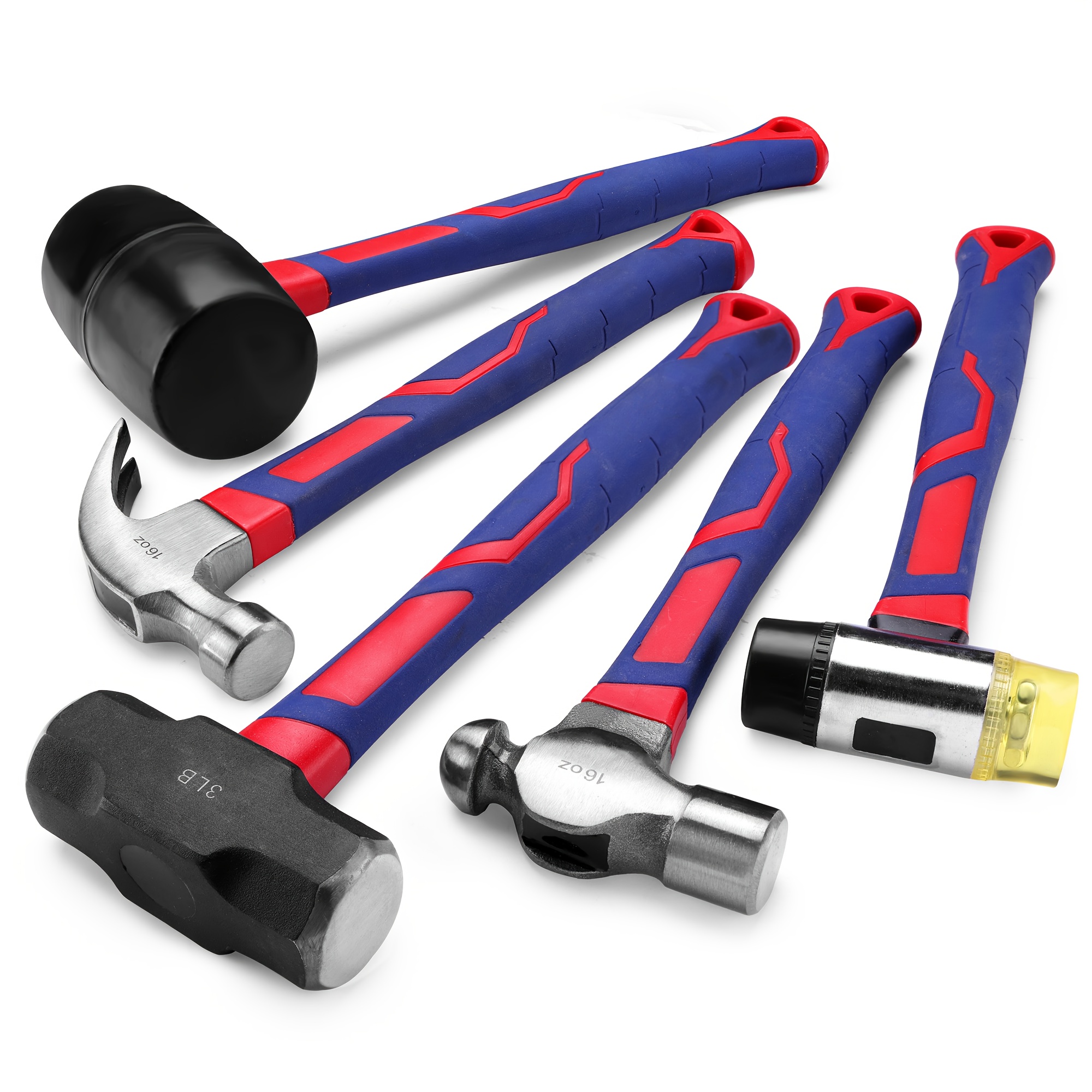 Set of Five Hammers Featuring Forged Steel Heads And Yard Firm Fiberglass Grips, Comprising a 32Oz Rubber Mallet, a 16Oz Claw Hammer, a Ball Peen Hammer, a 3Lb Sledgehammer, And a 22Oz Dual-Face Mallet.