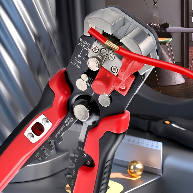 [Professional Wire Stripper] Yookey Professional Electrician Wire Stripper - 24-10AWG Range, Multi-Functional Cable Crimping Tool with Anti-Slip Grip, Quick Stripping & Cutting, Ergonomic Red & Black Design for Home Renovation, Appliance Repair, Automotive Maintenance, Wire Stripping Tool, Electrician Essentials, Sleek Hand Tool, Durable Construction, Voltage Tester, Electricians