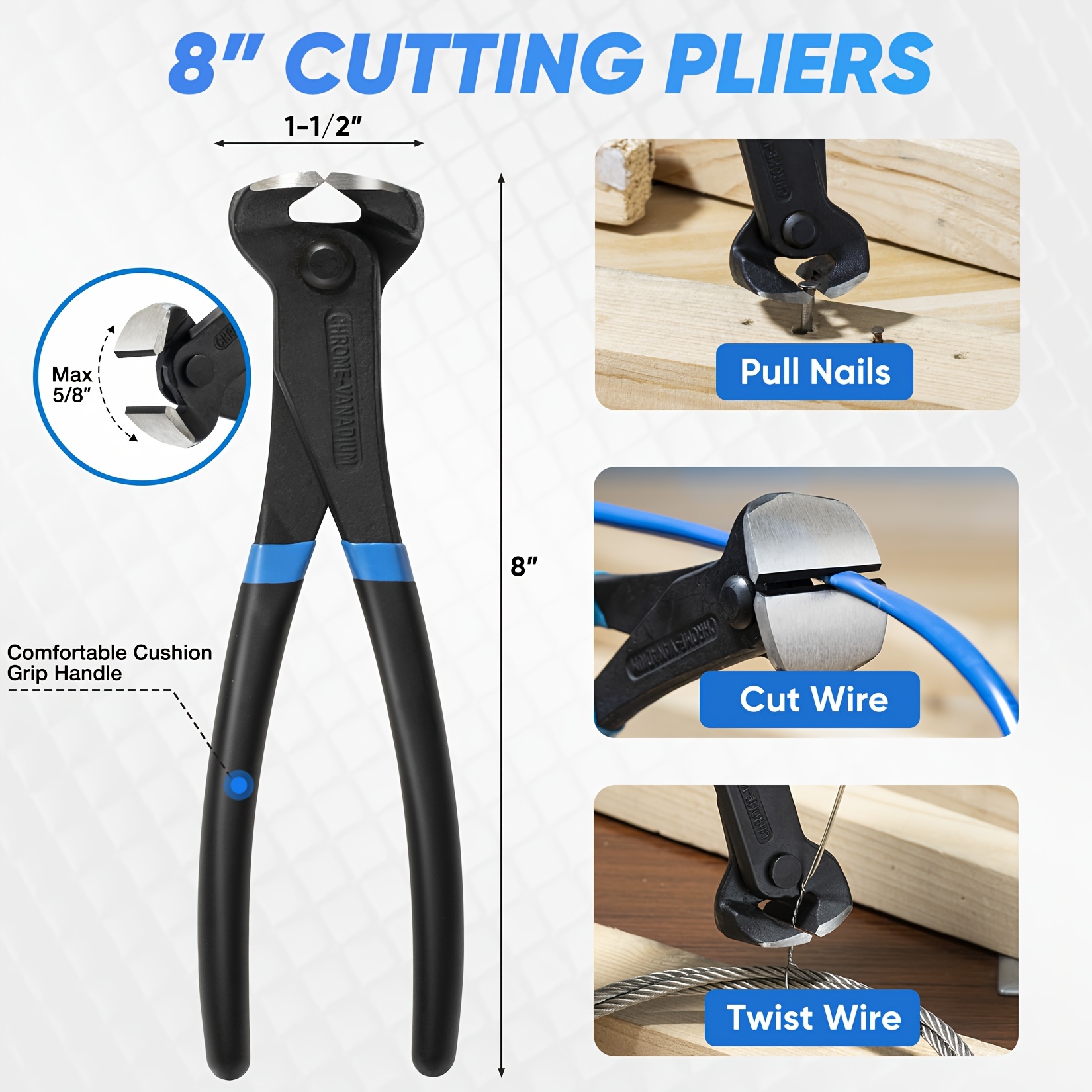 WPM 4pcs Heavy-Duty Pry Bar Set with 12-Inch Cats Paw Nail Puller, 10-Inch & 7.5-Inch Flat Claw Pry Bars, 8-Inch End Cutting Pliers & Utility Crowbar - All-in-One Manual Nail Removal Tool Kit for Baseboard, Floor, Carpentry, Demolition - Durable Metal Construction, Ergonomic Non-Slip Grip, Battery-Free Operation (No Batteries/Electrical Required) - Ideal for DIY & - Versatile Pry Bars for Nail Pulling, Cutting, and Demolition Work with Comfortable Blue Handles and Sharp Tips for, Crow