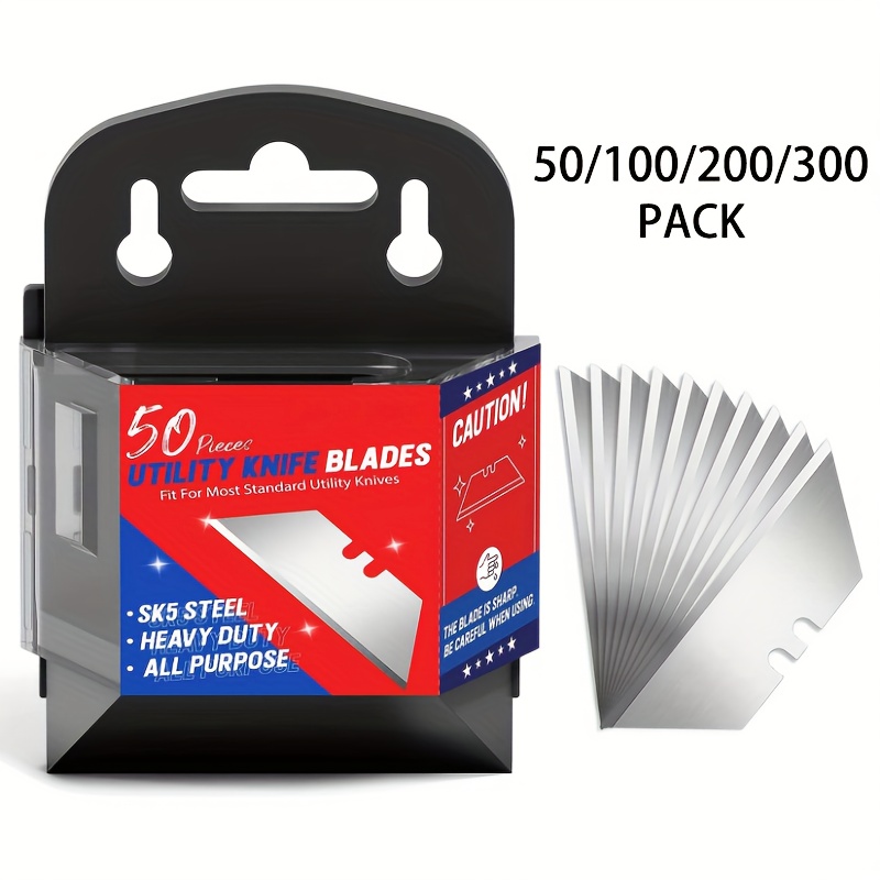 50/100/200/300pcs Yard Firm Utility Knife Blades - SK5 Steel Heavy Duty All-Purpose Blades with Ergonomic Handle, No-Tool Replacement for Box Cutting, Scraping Paint, Home, Office, Bathroom, Box Cutter for Cutting Boxes, Office Supplies, Sleek Metallic Finish, Durable Metal Blades