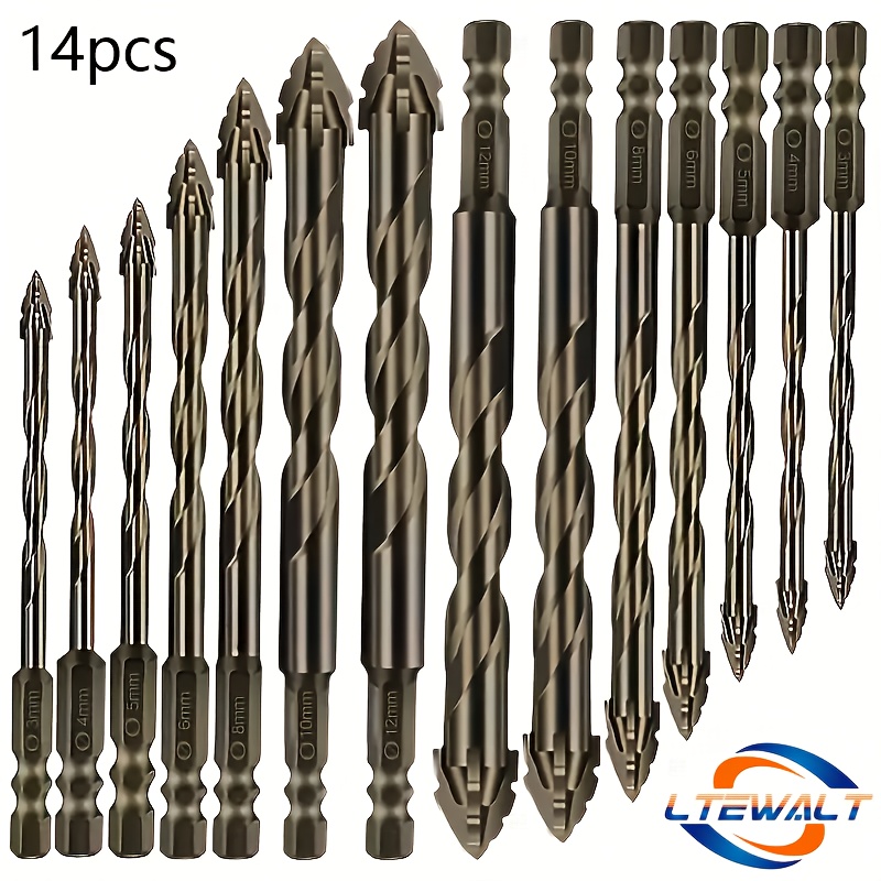 14pcs Carbide Drill Bits, Yard Firm High Efficiency and Wear Resistance, Four-Blade Sawtooth Eccentric Drill Bits, Suitable for Dry Drilling of Tiles, Ceramics, Glass, Marble, Concrete and Stainless Steel Alloy Drill Bits