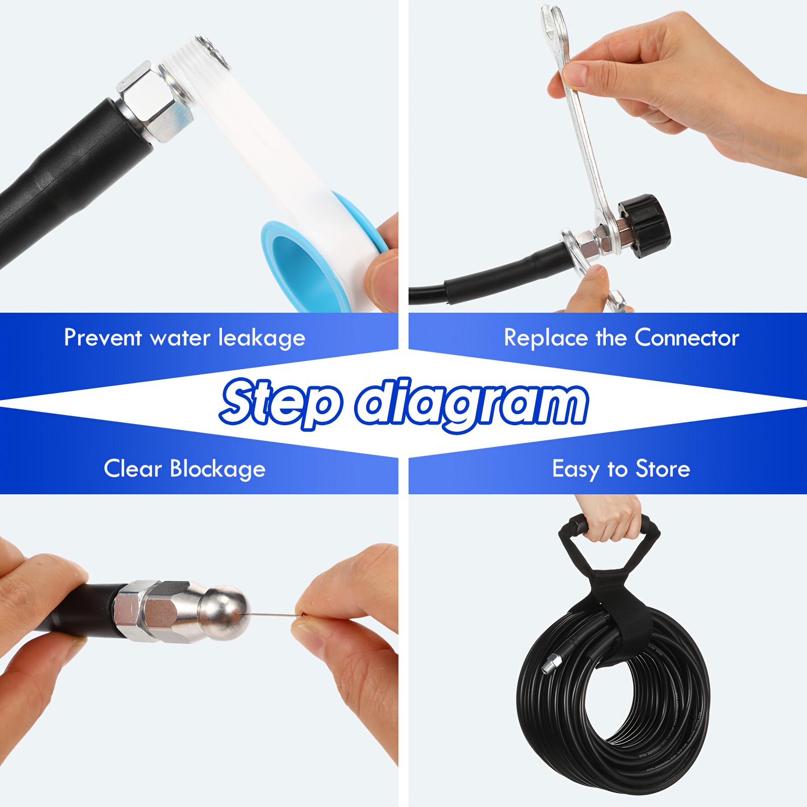 100ft Sewer Jetter Kit for Pressure Washer 5800psi Drain Cleaner Hose 1/4 Inch Npt Corner Rotating And Button Nose Sewer Jetting Nozzle Pearl Corsage Pin Waterproof Tape Glove Strap Spanner, Sewer Line Maintenance, Drain Cleaning Solution, Jet Nozzles Kit, Pressure Washer Accessory, Compact Jet Nozzles, Ergonomic Jetter Grip, Durable Plastic Construction, Waterproof Components