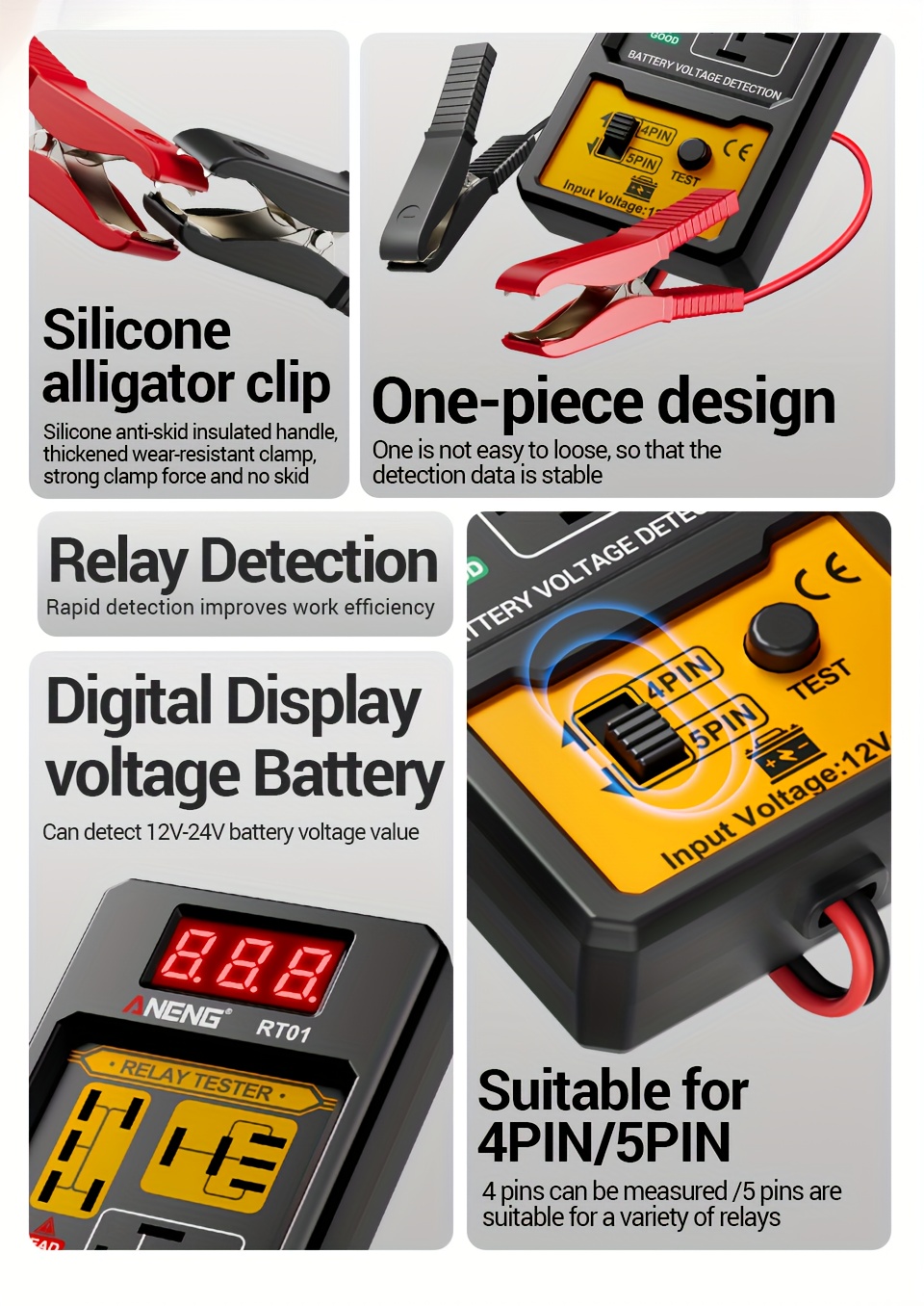 ANENG Automotive relay tester RT01 voltage detector digital display voltage battery 4/ 5-pin relay  12V-24V automotive battery inspection integrated design diagnostic tools No battery, Electrical Testing Tool, Easytouse Tool, Handheld Device, Durable Construction, Precision Instrument, Repair Professionals, Diy Enthusiasts