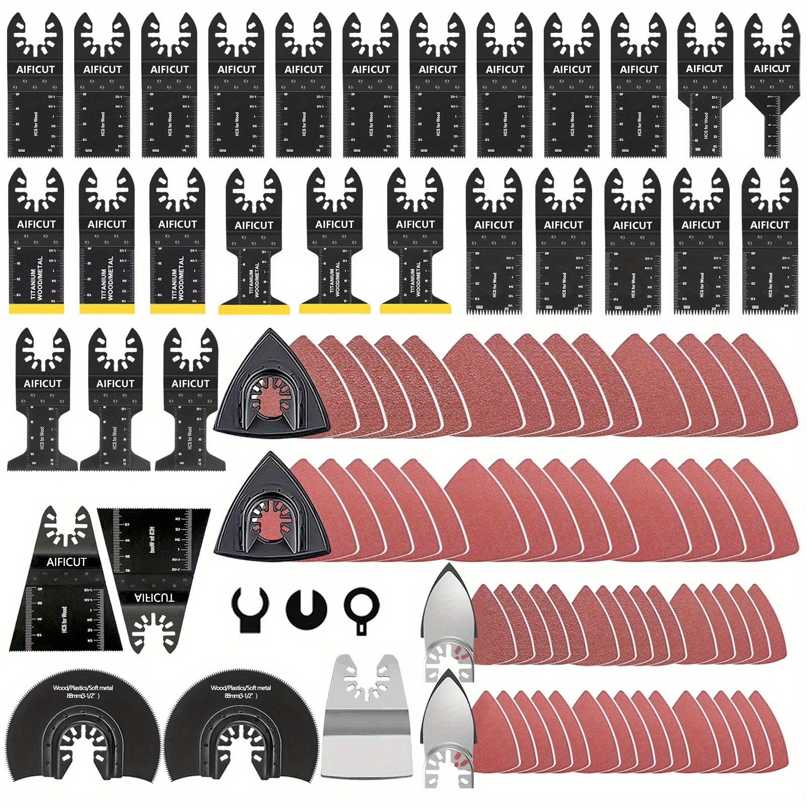 AIFICUT 98pcs Oscillating Saw Blades Kits Cutting For Wood Plastic Metal Multi Tool Blades Oscillating Tool Blades With Sanding Pads Sandpapers Kits Fit Ryobi Milwaukee Rockwell Fein Makita
