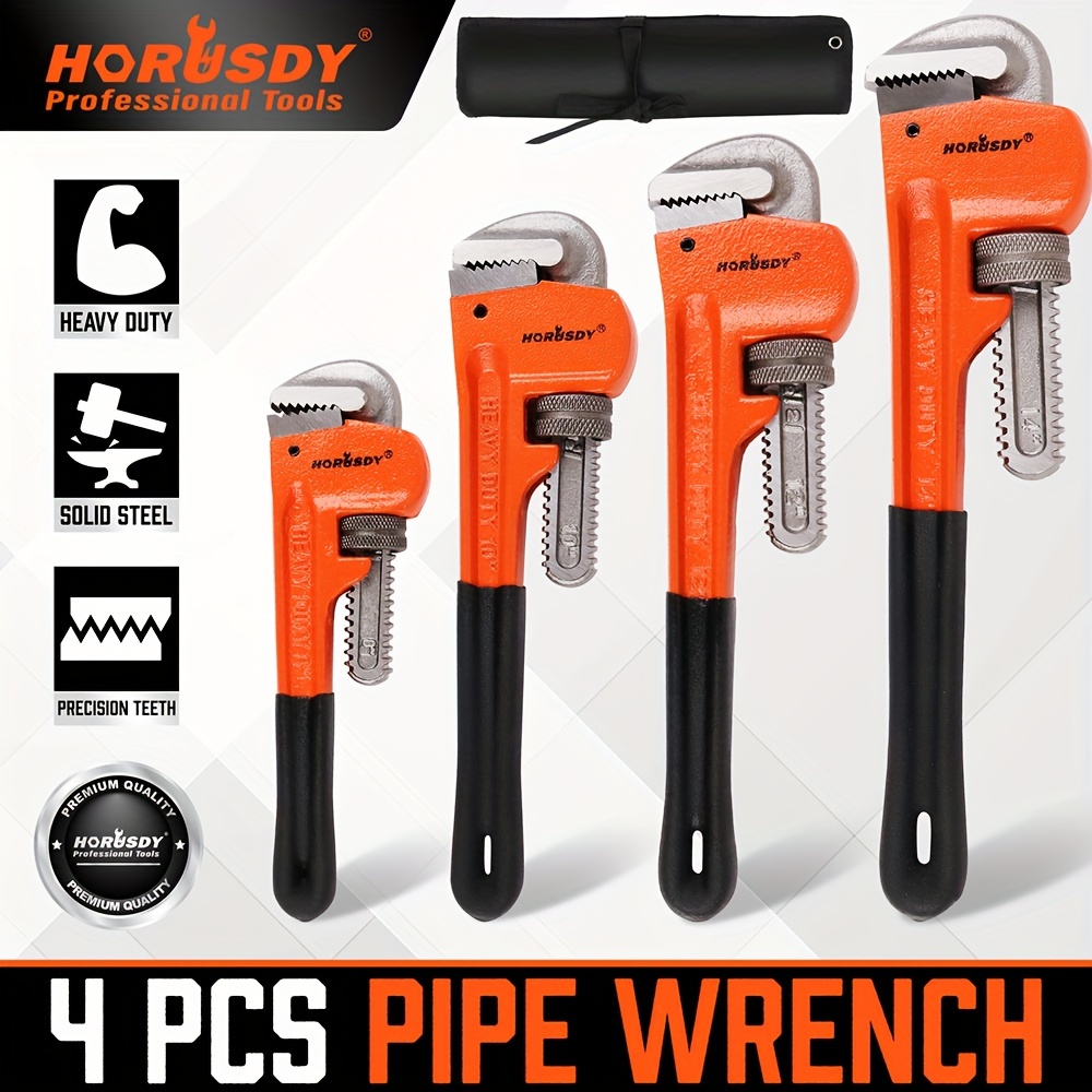 4 Pack Heavy Duty Yard Firm Pipe Wrench Set, Adjustable 8" 10" 12" 14" Soft Grip Plumbing Wrench Set With Storage Bag