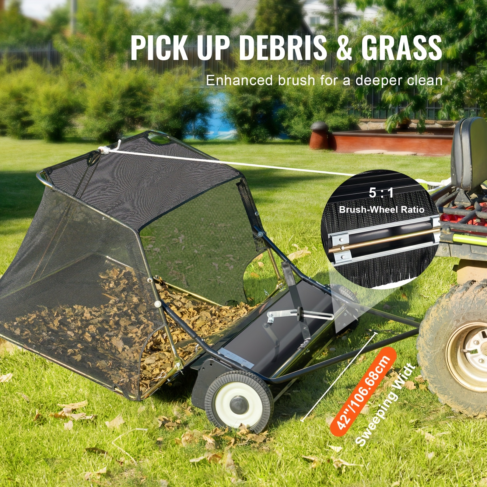 Happybuy 42-inch Lawn Sweeper Tow Behind, 12 Cu.ft. Heavy Duty Grass & Leaf Collector, Adjustable Sweeping Height, Dumping Rope Design, For Yard, Lawn, And Garden Maintenance