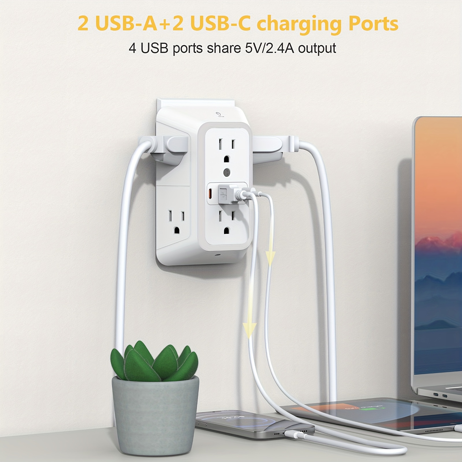 Multi Plug Outlet - 6 Wide AC Outlets and 4 USB Ports (2 Type-C), Surge Protection Extender with Night Light, US Plug, 3-Sided Design USB Wall Charger for Home Travel Office