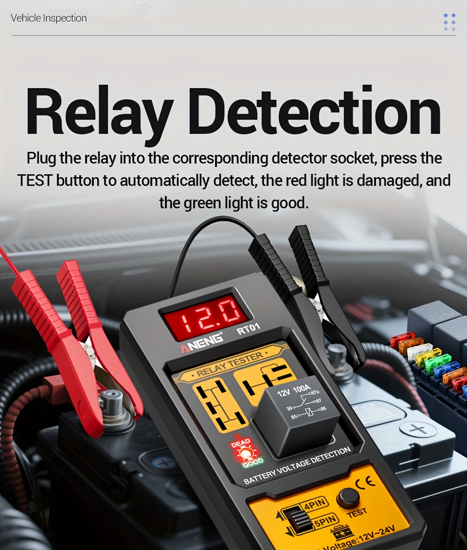 ANENG Automotive relay tester RT01 voltage detector digital display voltage battery 4/ 5-pin relay  12V-24V automotive battery inspection integrated design diagnostic tools No battery, Electrical Testing Tool, Easytouse Tool, Handheld Device, Durable Construction, Precision Instrument, Repair Professionals, Diy Enthusiasts