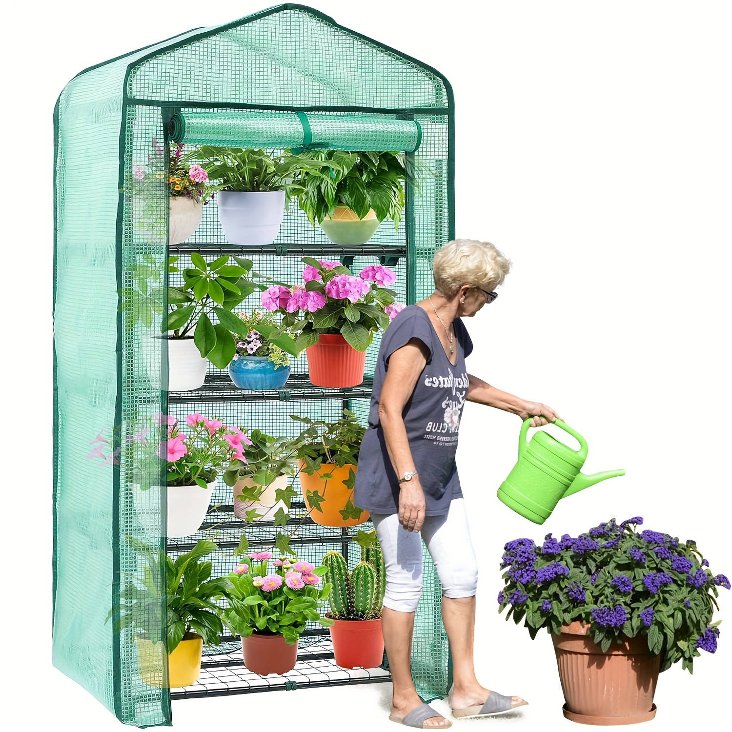 4-Layer Greenhouse Replacement Cover with Roll-Up Zipper Door - Durable UV-Proof & Waterproof Material, Insulated Plant Shelter for Indoor/Outdoor Gardening, Green (Frame Not Included), Gardening Protection, Ventilated Design, Sturdy Construction, Gardening Accessory, Home Gardeners