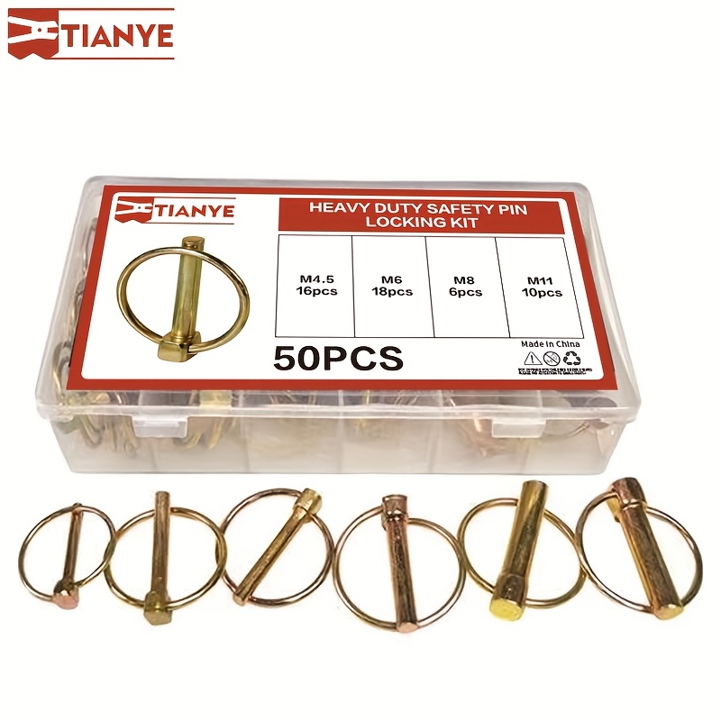 50pcs Heavy Duty Carbon Steel Tractor Pin Assortment Kit with Colored Zinc Plated Finish & Yard Firm Storage Box - M4.5 M6 M8 M11 Sizes with Rings for Farm Tractors, Trailers, Trucks, Lawn Mowers, Hand Carts - Durable Fasteners, -Resistant, Corrosion-Resistant, Locking Mechanism (Compatible with M5, M6, M8, M11 Tractor Models) - Ideal for Agricultural & Use