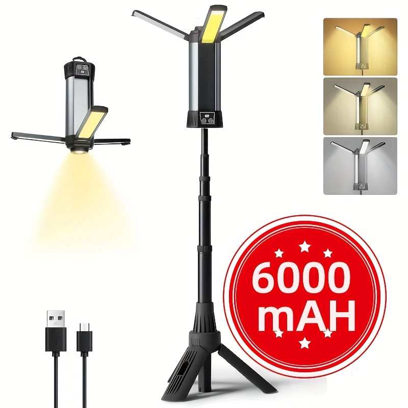 Camping Gear And Equipment, 6000mAh Rechargeable LED Camping Light With Tripod Stand, Yard Firm 10 Light Modes, 3 Height Adjustments, Portable Flashlight & Work Light For Outdoor Activities, Courtyard Lighting & Emergency Use.