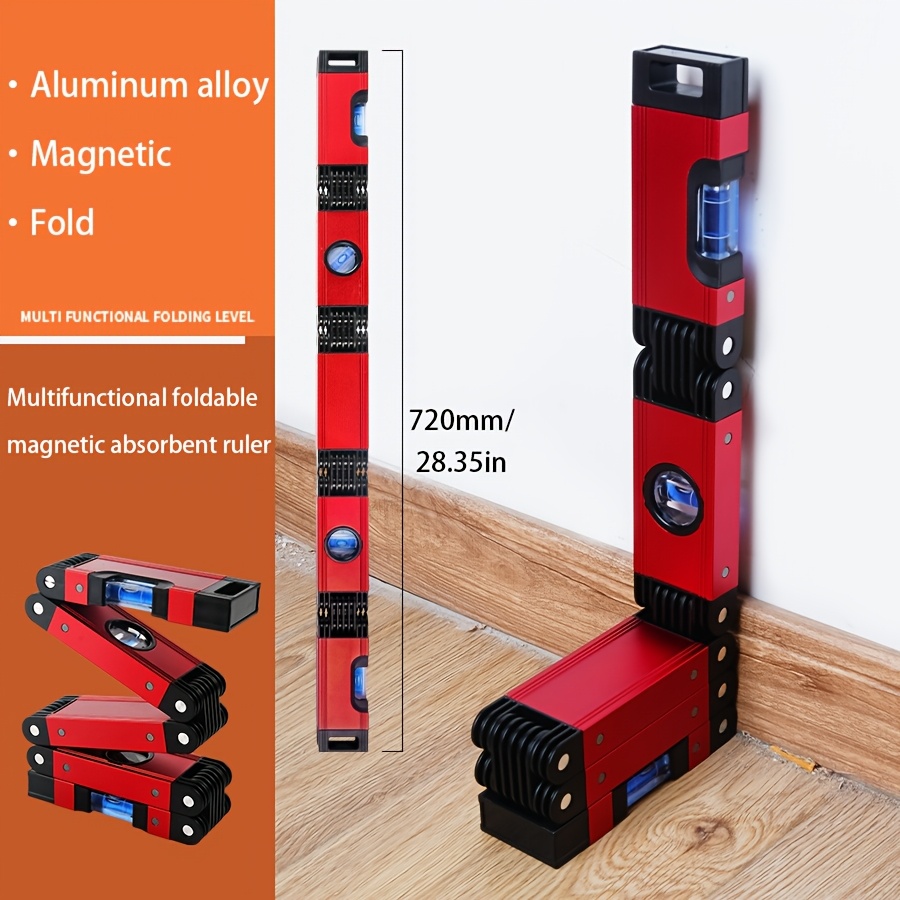 [Multi-Functional Folding Level] 1pc 28'' Multi-Functional Folding Level, Yard Firm 5-Section Magnetic Aluminum Alloy Tool for Woodworking | Accurate Multi-Angle Measurement, Portable for Various Corners and Stairs, Red