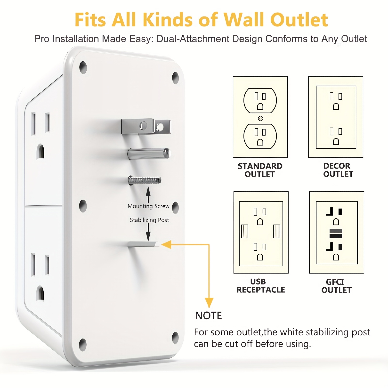Multi Plug Outlet - 6 Wide AC Outlets and 4 USB Ports (2 Type-C), Surge Protection Extender with Night Light, US Plug, 3-Sided Design USB Wall Charger for Home Travel Office