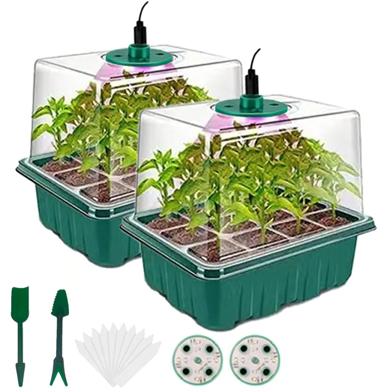 Seed Starter Disc with Growth Lamp, 2 Sets of Seed Germination Kits, with Adjustable Humidity Dome, Yard Firm Seedling Starter Disc with Heightening Lid, 8 Full Spectrum LED Bulbs for Indoor Plants, Mini Greenhouse for Seed Germination