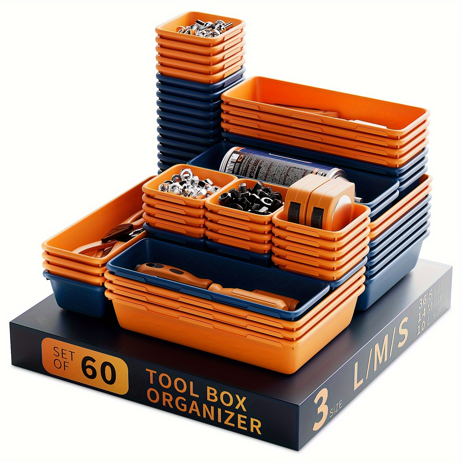 26/60pcs/Set Yard Firm Plastic Tool Drawer Organizer Trays with 26/60 Compartments, Stackable Storage for Tools & Parts, Versatile Black Design