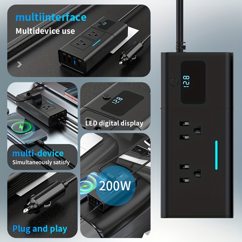 1pc 200W Car Power Inverter/Plug Adapter Outlet Charger DC 12V To 110V Inverter With 1.2A&2.4A USB, 1 QC3.0 USB And 1 Type C Ports