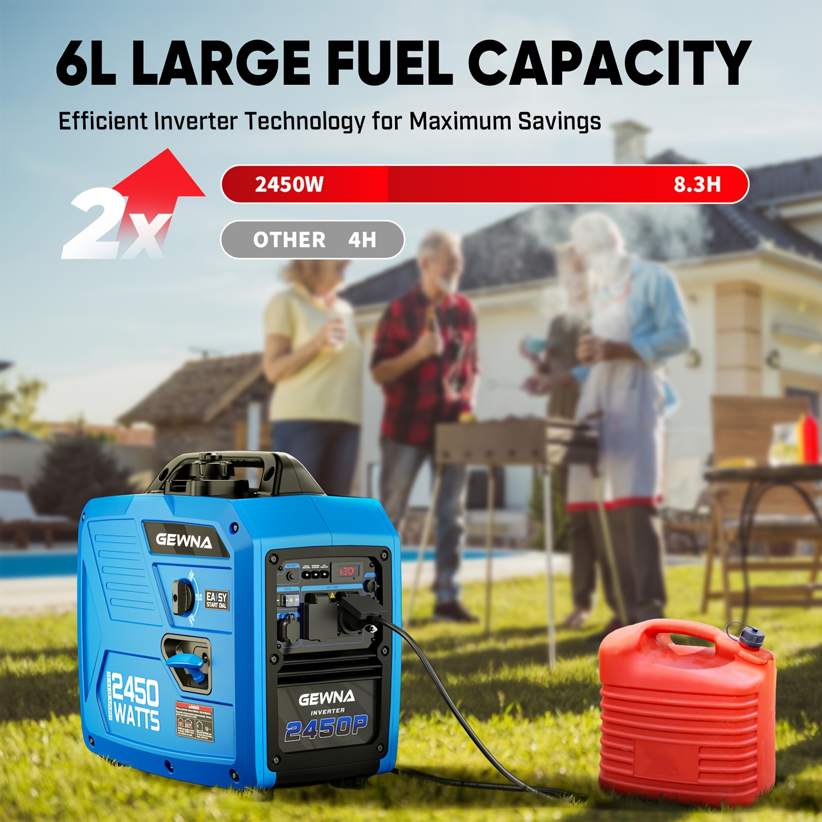 2450W Portable Inverter Generator for Home Use, Super Quiet Outdoor Generator for Camping Outdoor Emergency Power Backup, 1.6Gallon Large Fuel Tank Up to 8.3 Hours Use, EPA Compliant,  Lightweight Design, Easy Transport, Highperformance Engine, Backup Generator, Emergency Preparedness, Offgrid Living