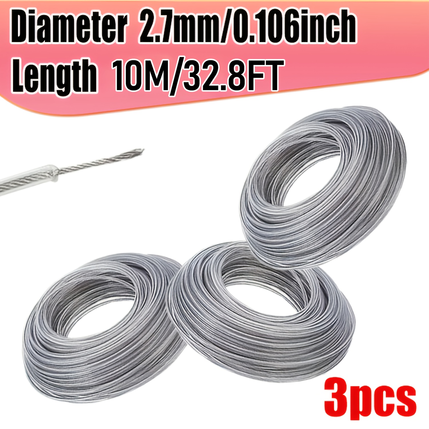 3pcs Steel Wire Core Nylon Trimmer Line, 5/10m (16.40/32.8ft) - 2.0/2.7/3.5mm Diameter, Durable Lawn Mower Cord Replacement for Brushcutter, High-Efficiency Grass Cutter String, Metal Material, Lawn Mower Accessories | Durable Lawn Cord | Metallic Finish