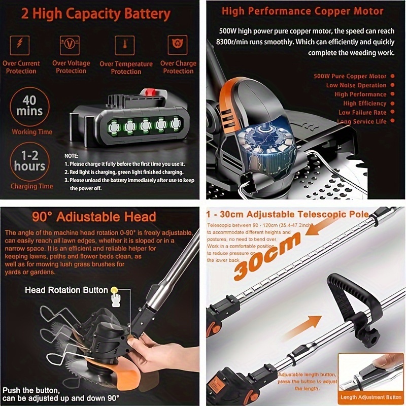 Weed Wacker 24V Brush Cutter Yard Firm, Electric Weed Wacker Cordless String Trimmer With 2 Batteries, Charger, 3 Types Blades, Weed Wacker Battery Powered, Lightweight Battery Weed Wacker - Image 9