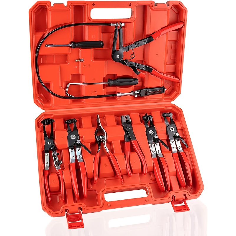 [9pcs Red Hose Clamp Pliers Set] 9pcs Red Long-Handle Hose Clamp Pliers Set | Yard Firm Flexible Flat-Band Clamps for Fuel/Water Pipes, Radiators & Heaters, 11/16" to 2-1/2" Reach | Ideal for Car/Truck/Motorcycle Engine Repairs, Automotive Maintenance Tools, Durable Construction