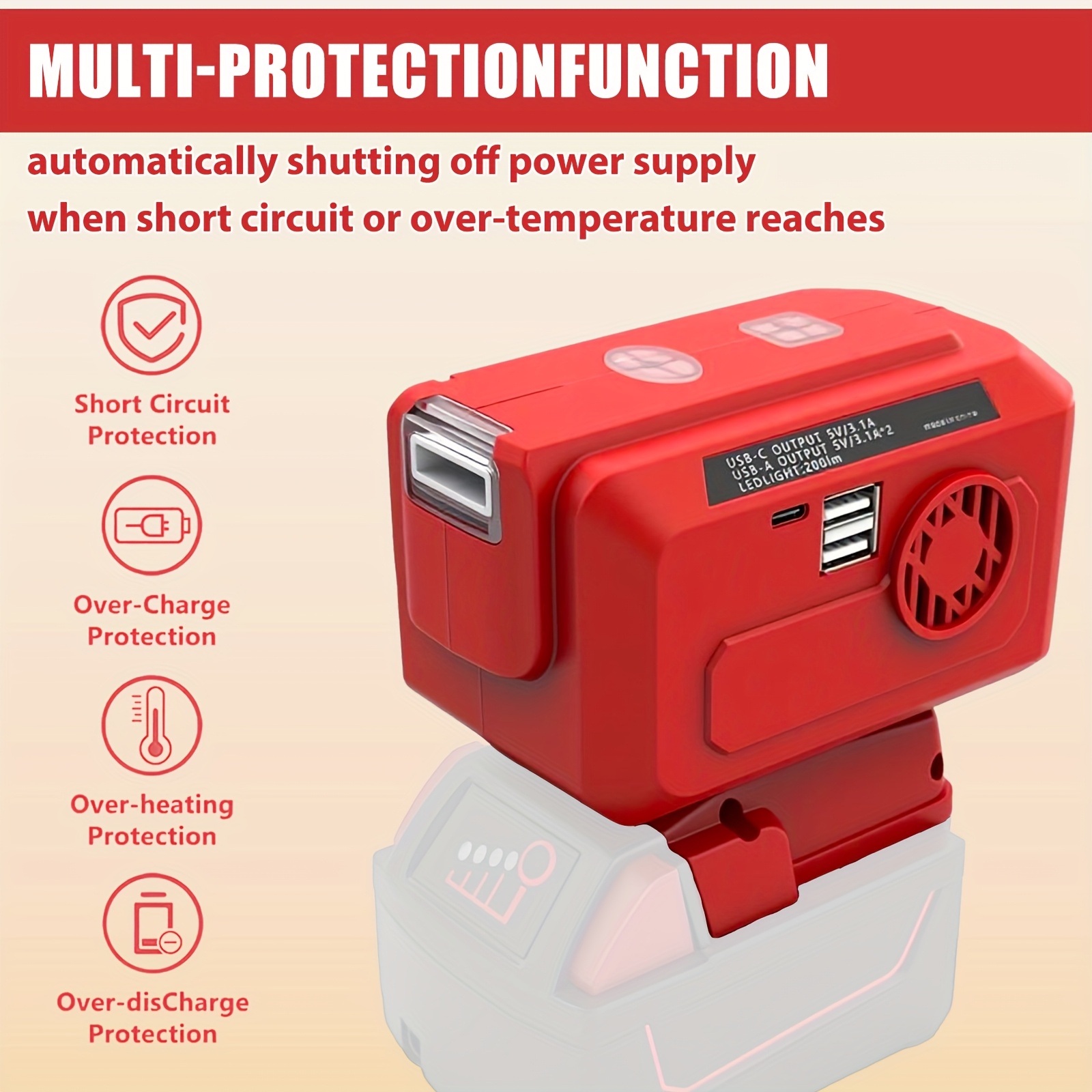 200W Portable Power Inverter 12V/24V/18-21V Battery to 230V AC with Dual USB & Type-C Outlets, 200LM Emergency Flashlight, Compact Car Adapter for Camping, RV, Backup Power - Compatible with (No Inverter Dock Needed)
