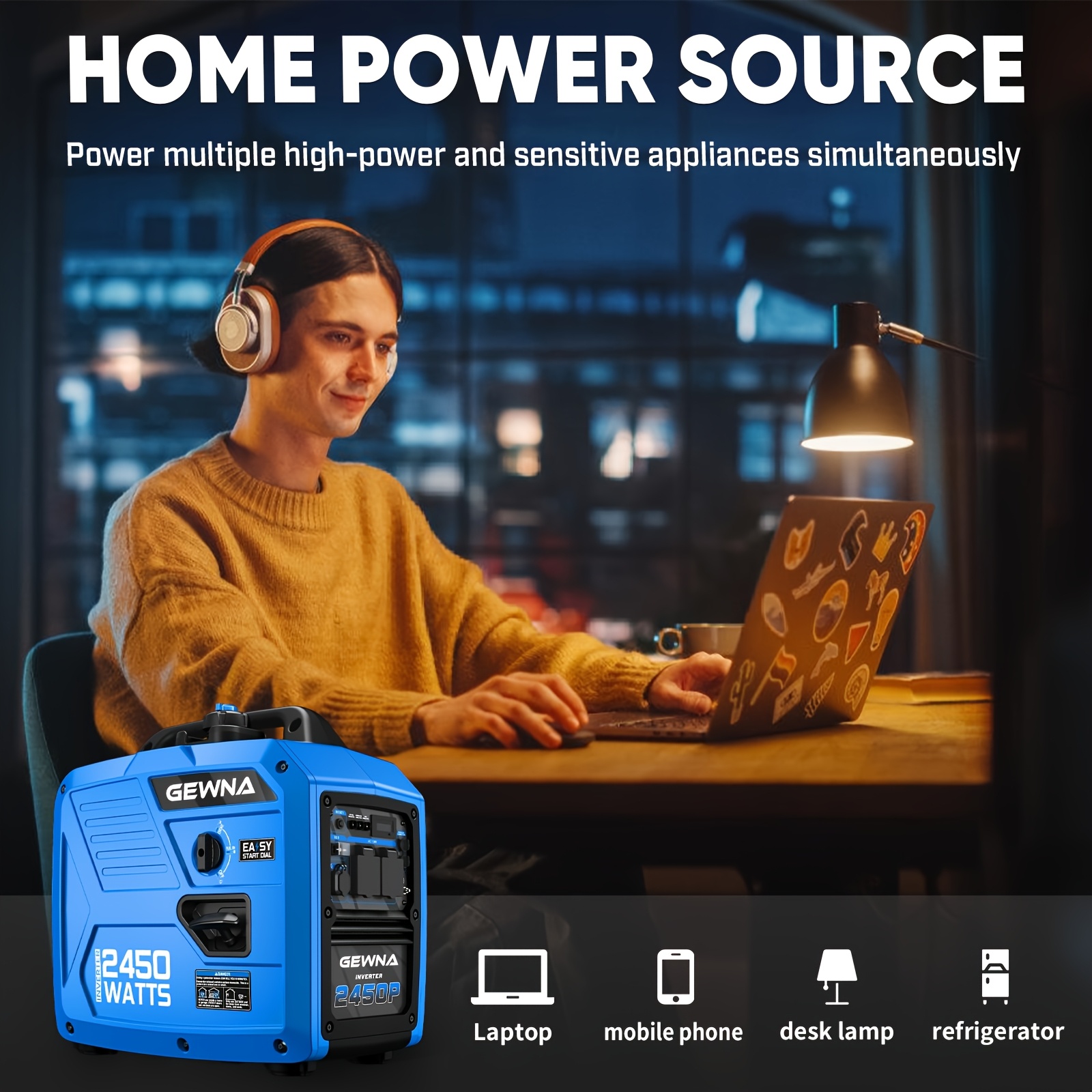 2450W Portable Inverter Generator for Home Use, Super Quiet Outdoor Generator for Camping Outdoor Emergency Power Backup, 1.6Gallon Large Fuel Tank Up to 8.3 Hours Use, EPA Compliant,  Lightweight Design, Easy Transport, Highperformance Engine, Backup Generator, Emergency Preparedness, Offgrid Living