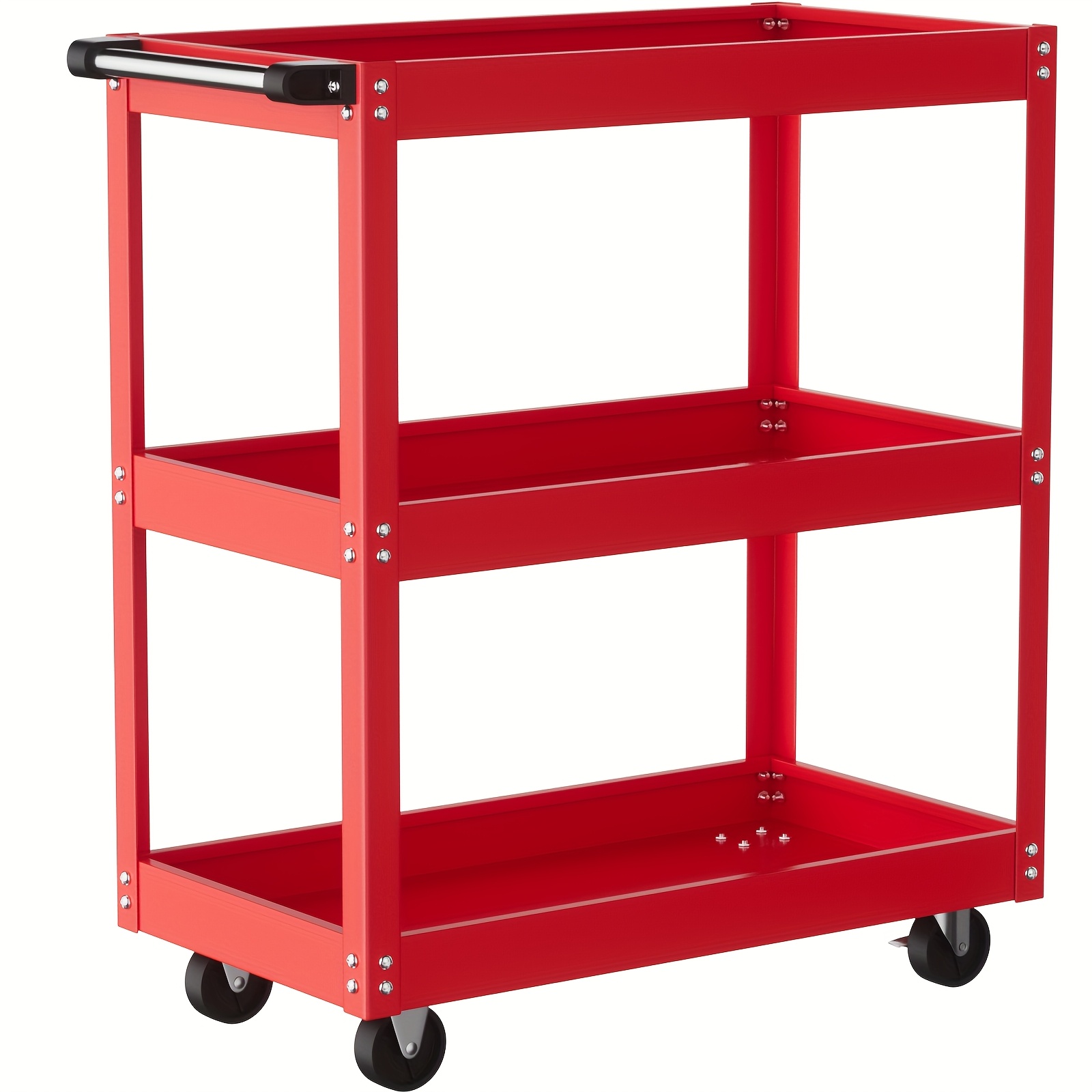 Heavy Duty 330 LBS Capacity 3-Tier Metal Utility Cart with 4-Wheel Rolling Base, Red Work Cart with Sturdy Frame & Top Access Door for Garage, Warehouse, Workshop - Tool Storage Cart for Industrial Use