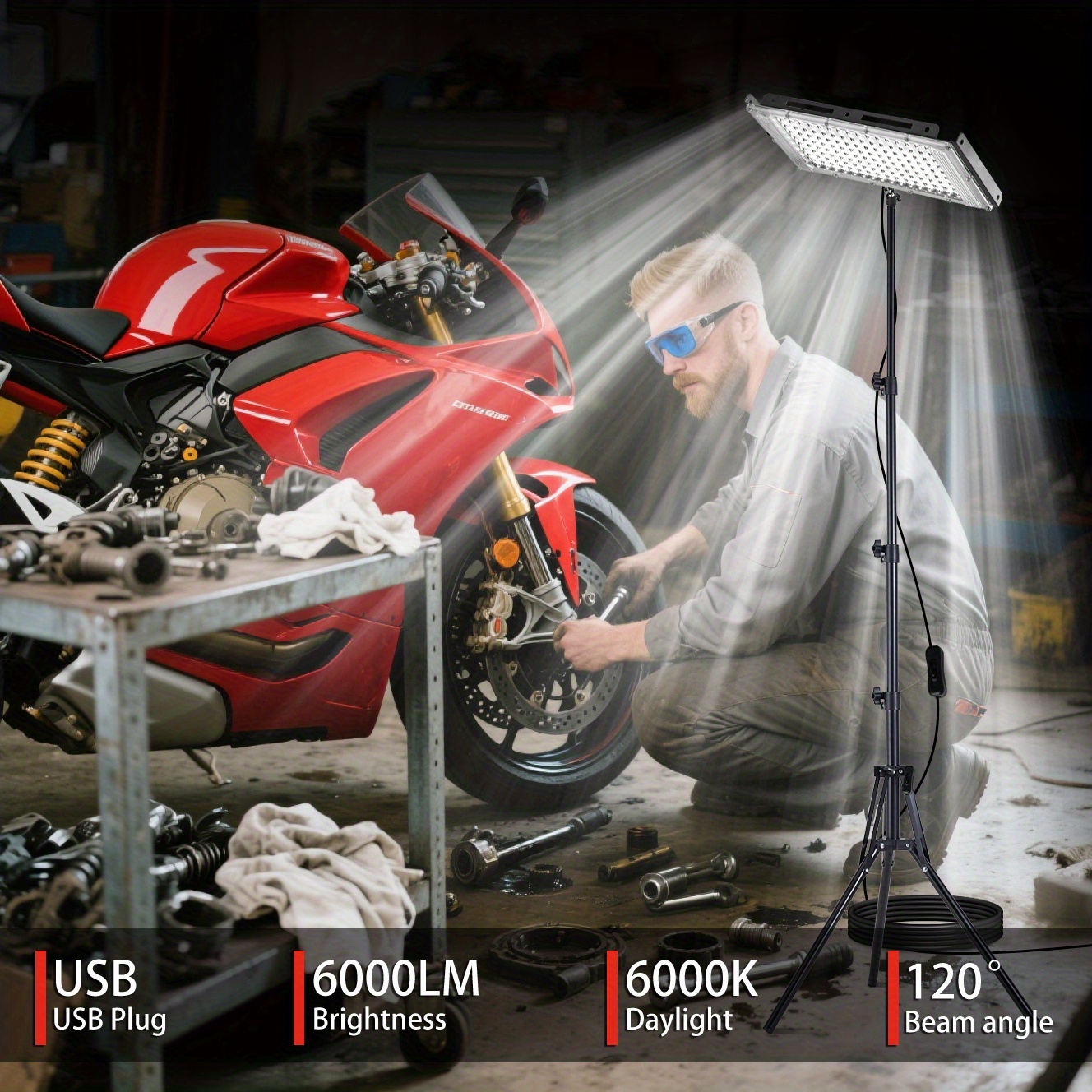 144/96/50LEDs USB-Powered Work Light with Foldable Tripod Stand, 6000K Brightness, 59.06inch/78.74inch Cord & Low Voltage (36V) - Portable Commercial Floodlight for Workshop, Garage, Job Site Indoor Use, Task Lighting, Compact Lighting, Durable Construction, Bright Illumination, DIY Enthusiasts